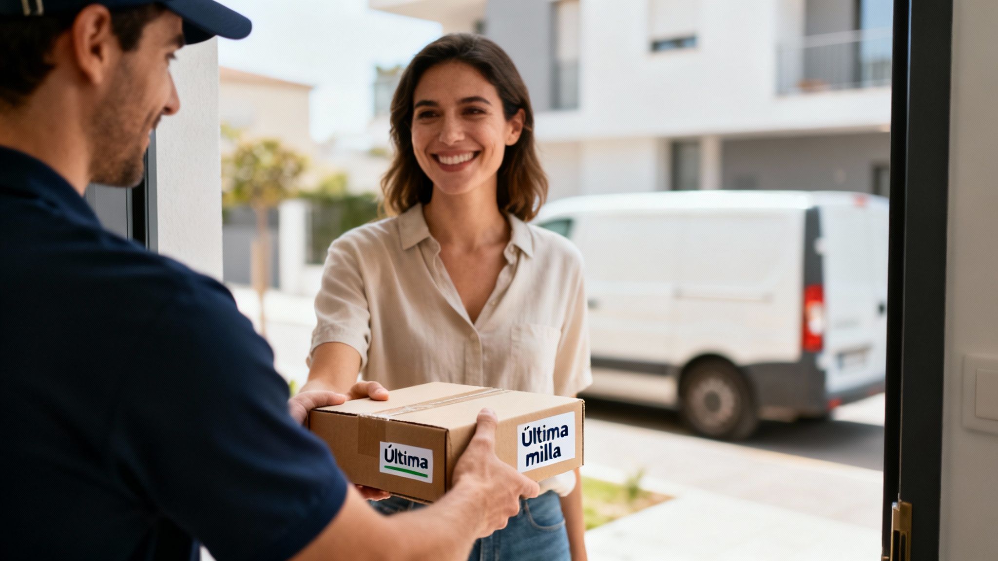 Un repartidor sonriente entrega un paquete de "Última milla" a una mujer feliz en su puerta, con una furgoneta blanca de fondo.