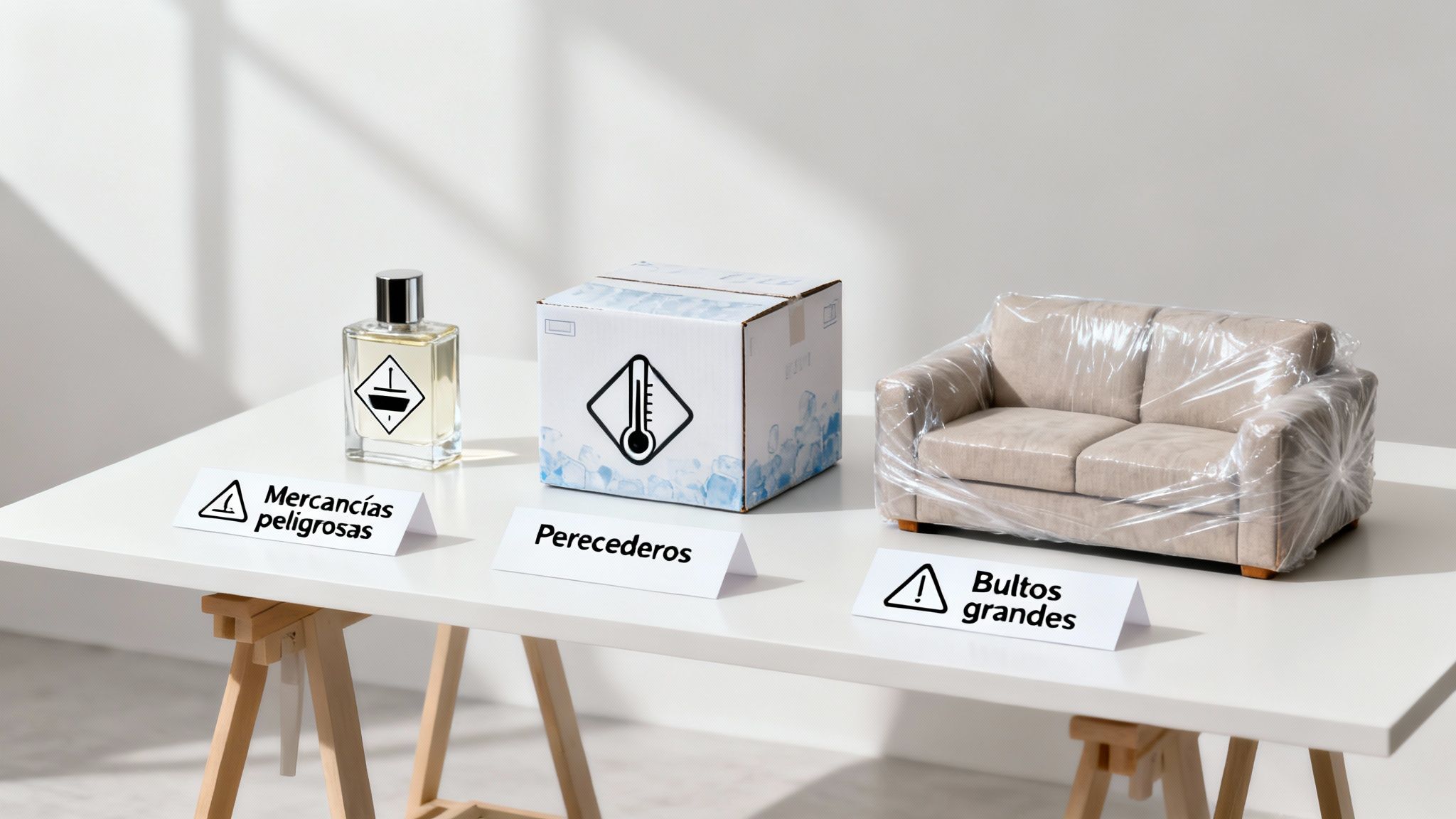 Tres ejemplos de clasificación de mercancías: peligrosas, perecederas y bultos grandes en una mesa blanca.