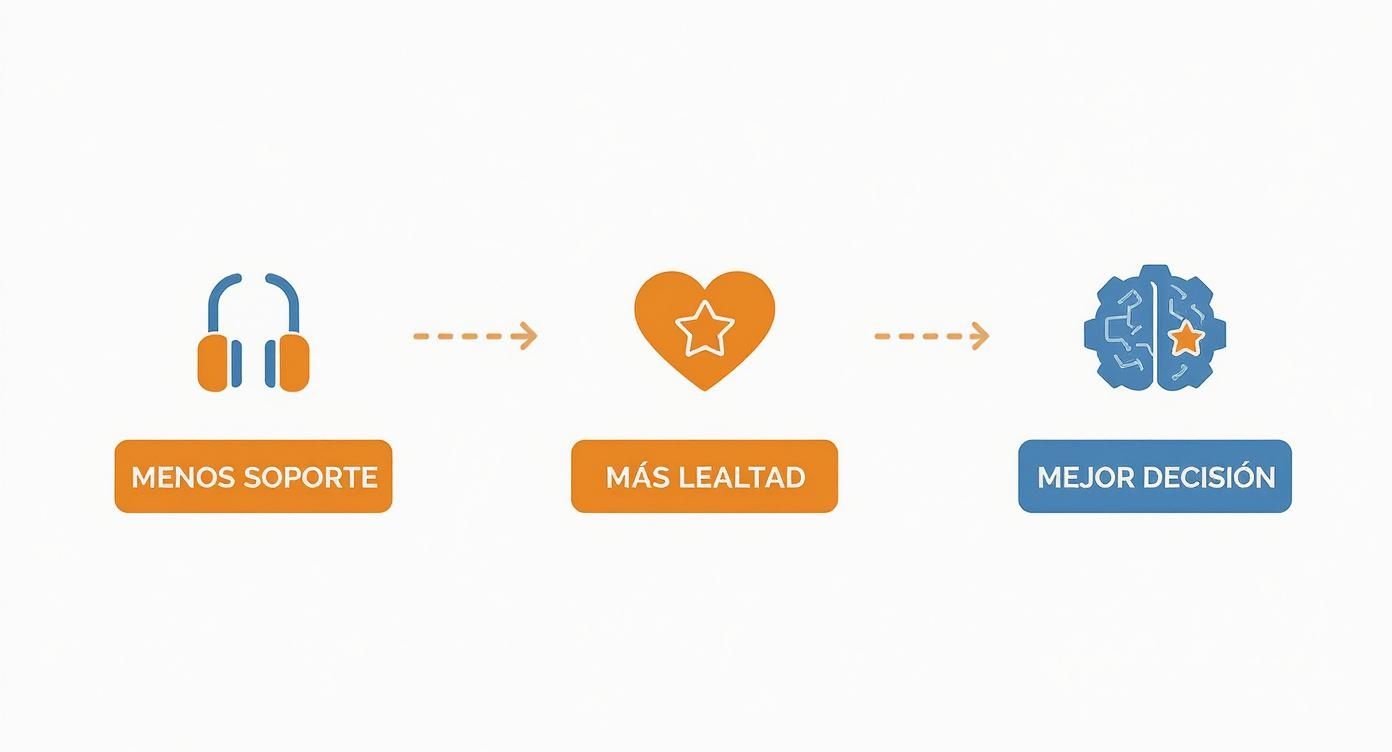 Diagrama de flujo que ilustra cómo menos soporte puede conducir a más lealtad y mejores decisiones.