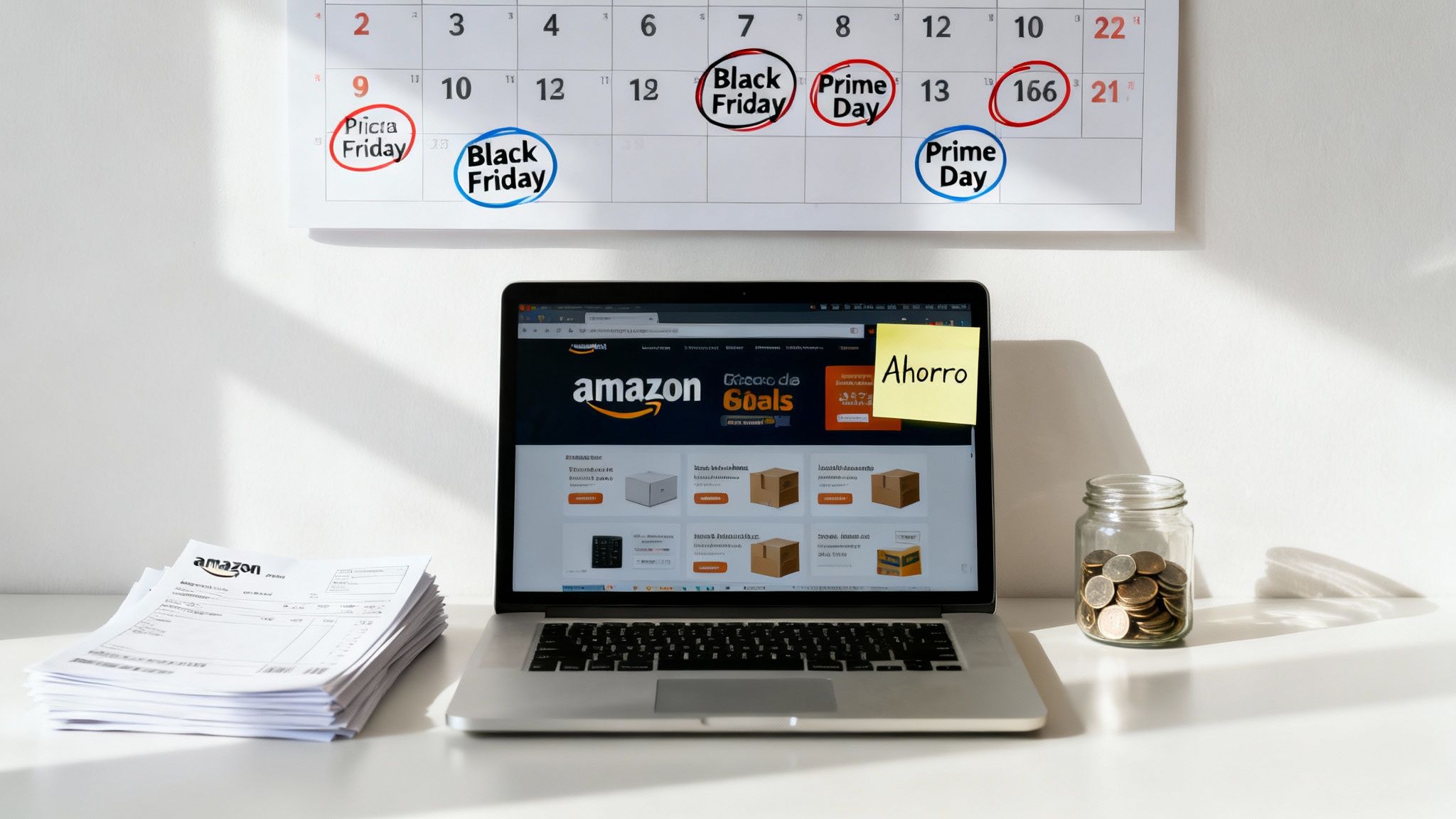 Calendario con Black Friday y Prime Day, laptop mostrando Amazon, notas de ahorro y monedas.