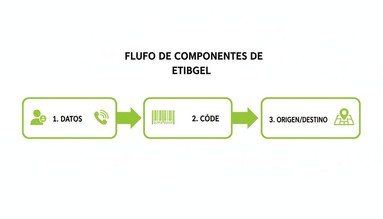 Diagrama de flujo de tres pasos para los componentes de Etibgel: datos, código y origen/destino con iconos.