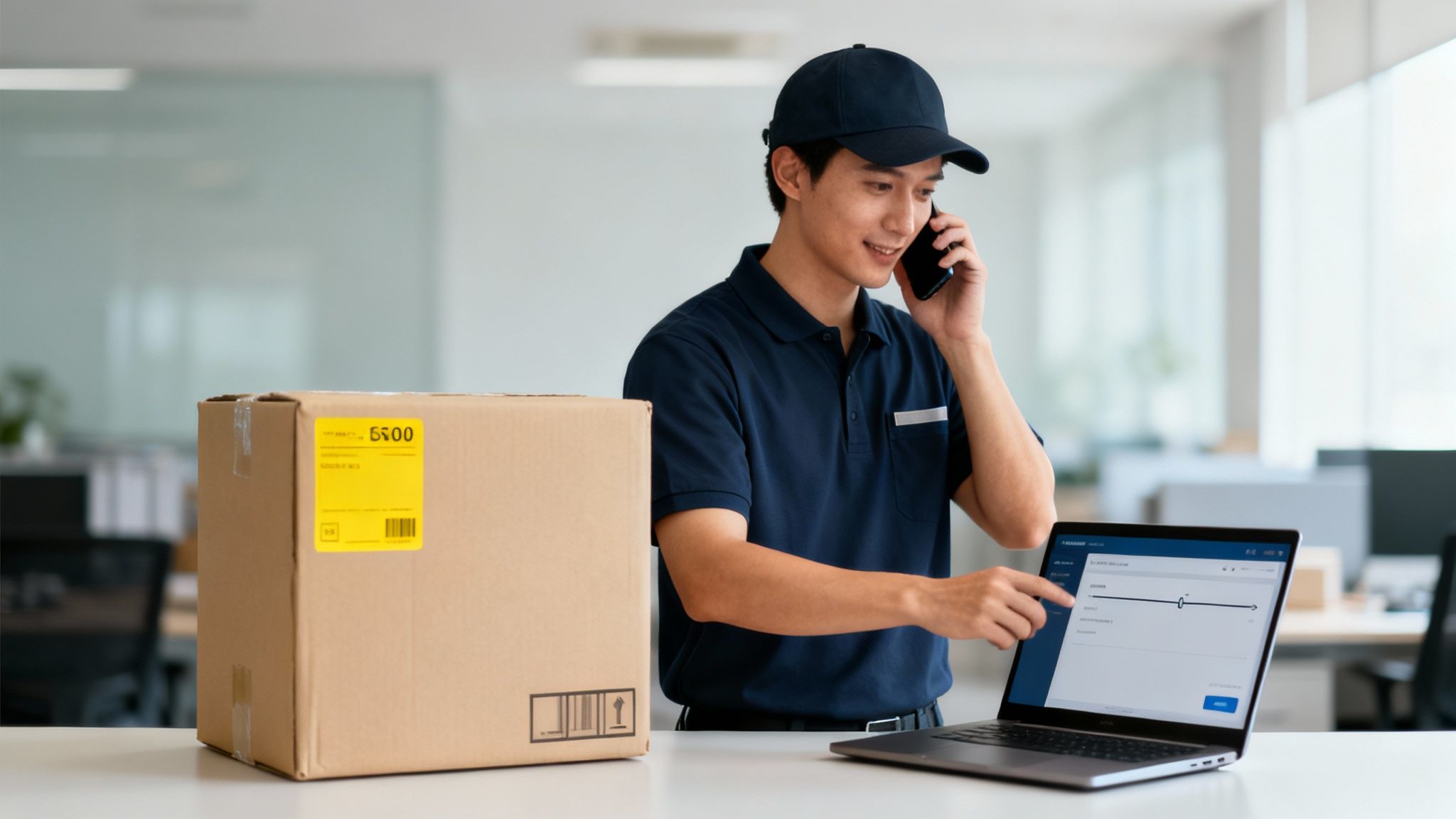 Repartidor asiático sonriente, con uniforme y gorra, habla por teléfono y usa laptop junto a un paquete en una oficina.