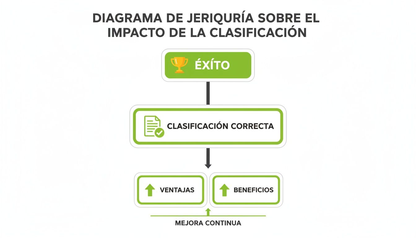 Diagrama de flujo que muestra el impacto de la clasificación correcta: éxito, ventajas, beneficios y mejora continua.