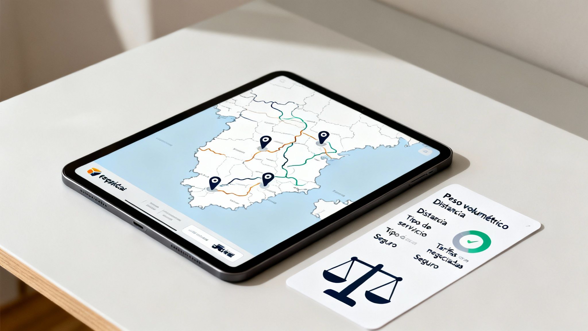 Tablet mostrando mapa de rutas de envío en España y tarjeta con detalles de logística, peso y tarifas.