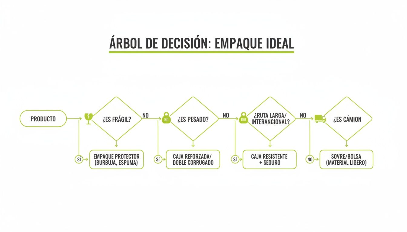 Árbol de decisión para el empaque ideal de productos, guiando la elección según su fragilidad, peso y ruta de envío.