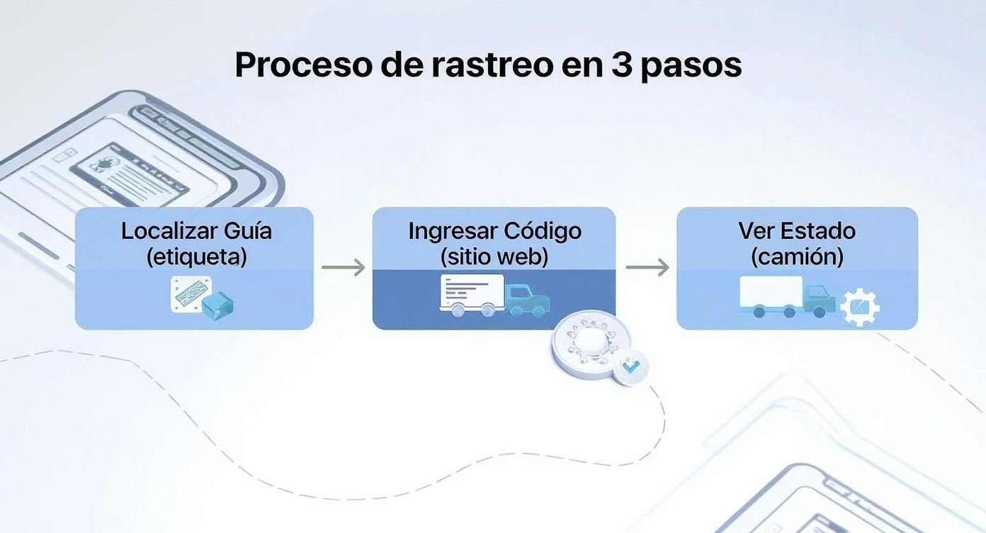 Proceso de rastreo de paquetes en 3 pasos: localizar guía, ingresar código web y verificar estado del camión.