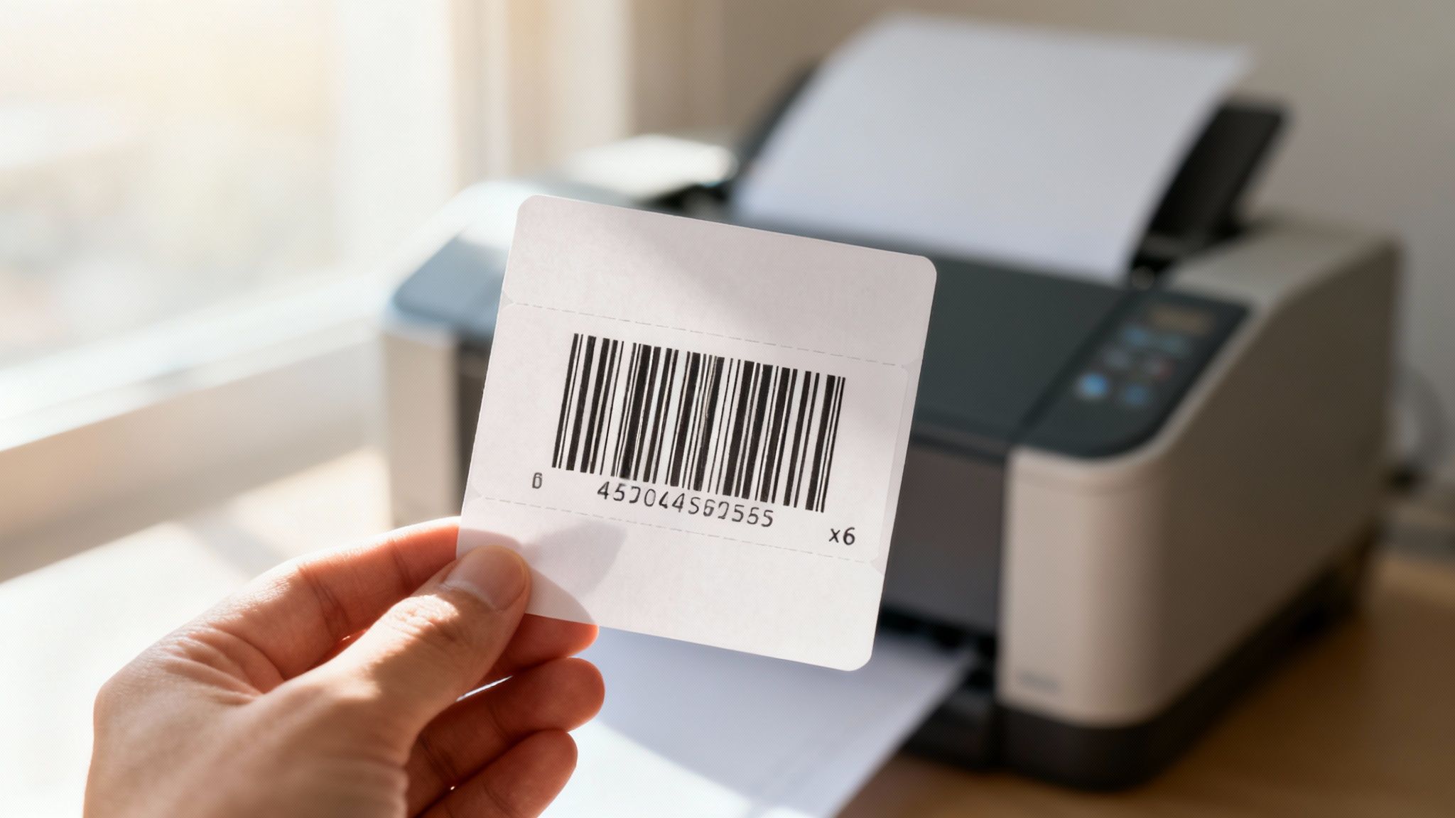 Una mano sostiene una etiqueta con código de barras recién impresa frente a una impresora de inyección de tinta.