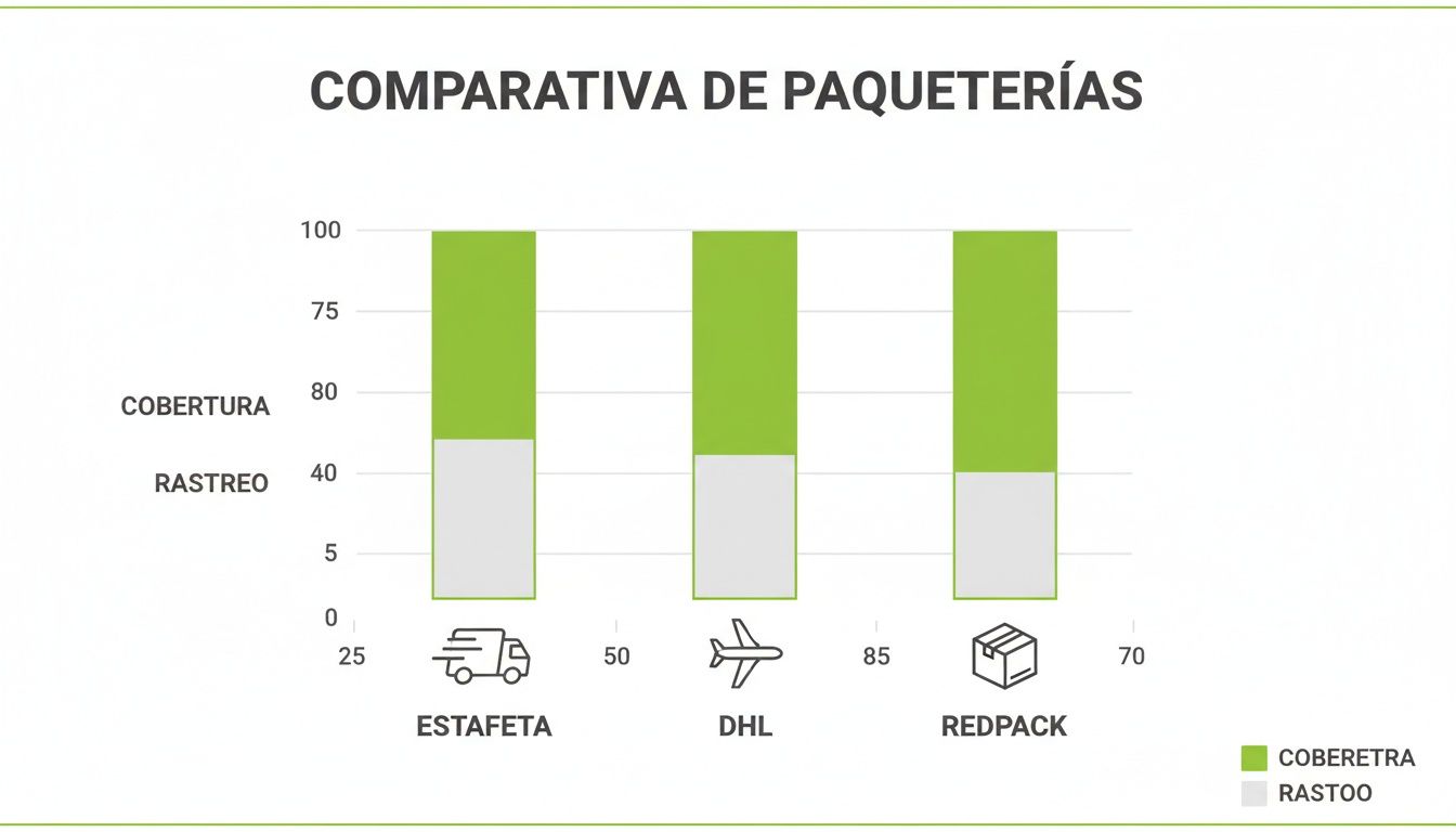 Gráfico comparativo de paqueterías: Estafeta, DHL y Redpack, mostrando cobertura y rastreo.