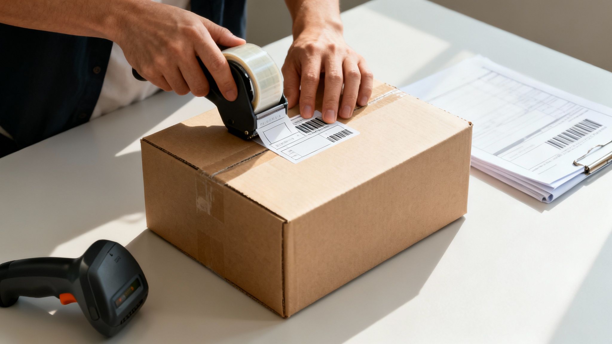 Manos sellando una caja de cartón con cinta, etiqueta de envío, escáner y documentos para envío.