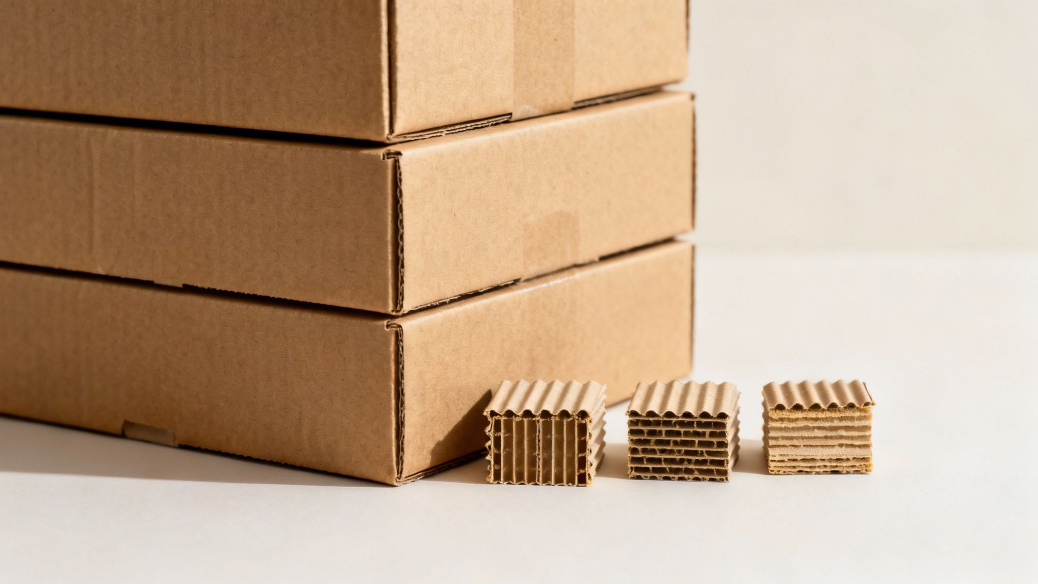 Pilas de tres cajas de cartón marrón y pequeños trozos de cartón corrugado, destacando materiales de empaque.