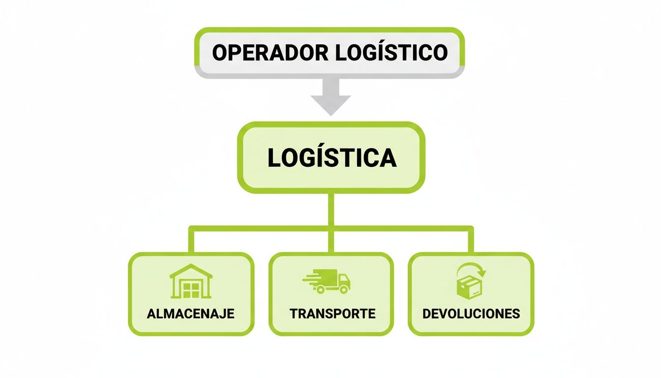 Diagrama de flujo que muestra los componentes de la logística de un operador logístico: almacenaje, transporte y devoluciones.