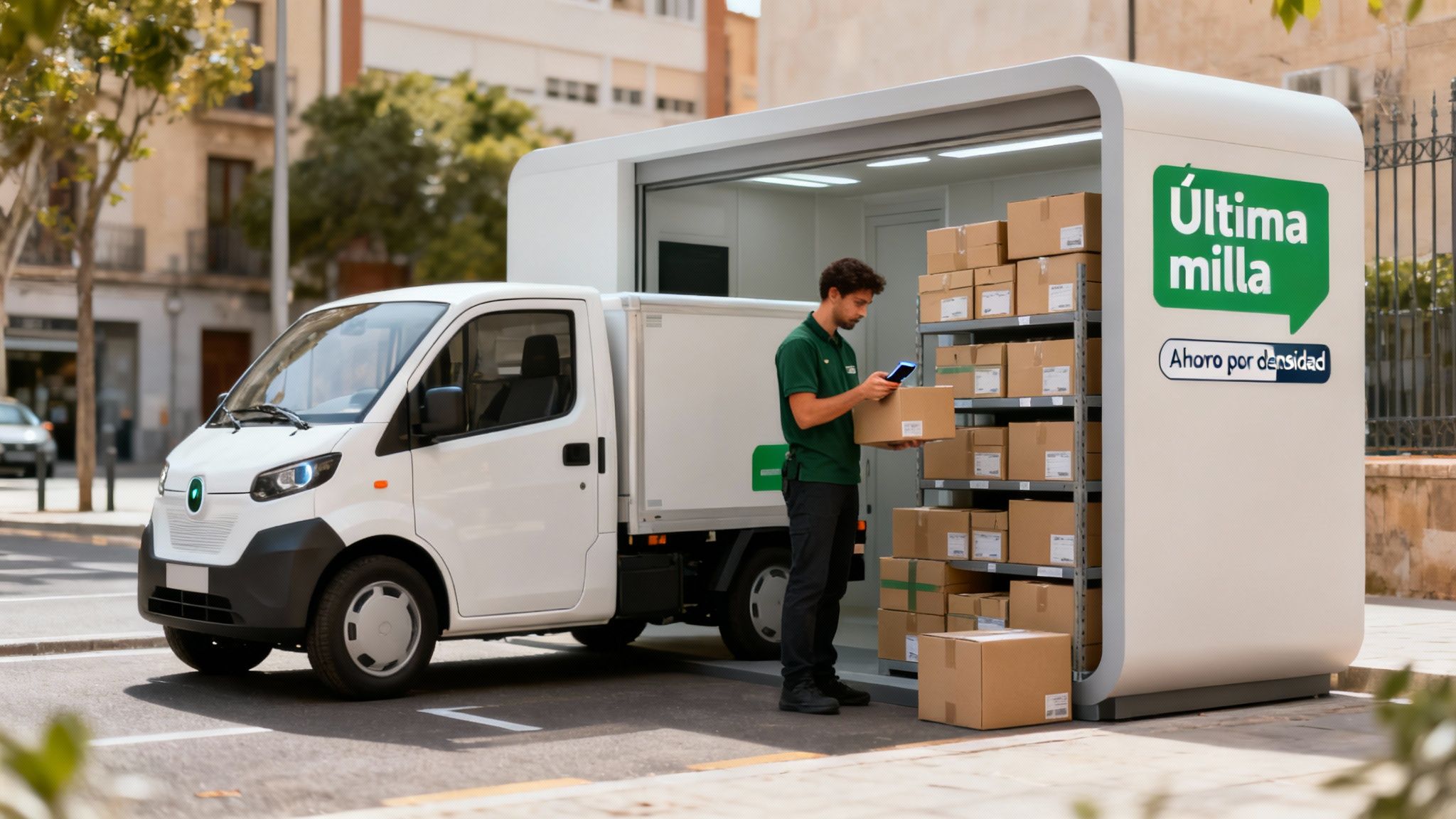 Hombre de reparto junto a una furgoneta eléctrica y una unidad móvil de almacenamiento de paquetes de Última Milla.