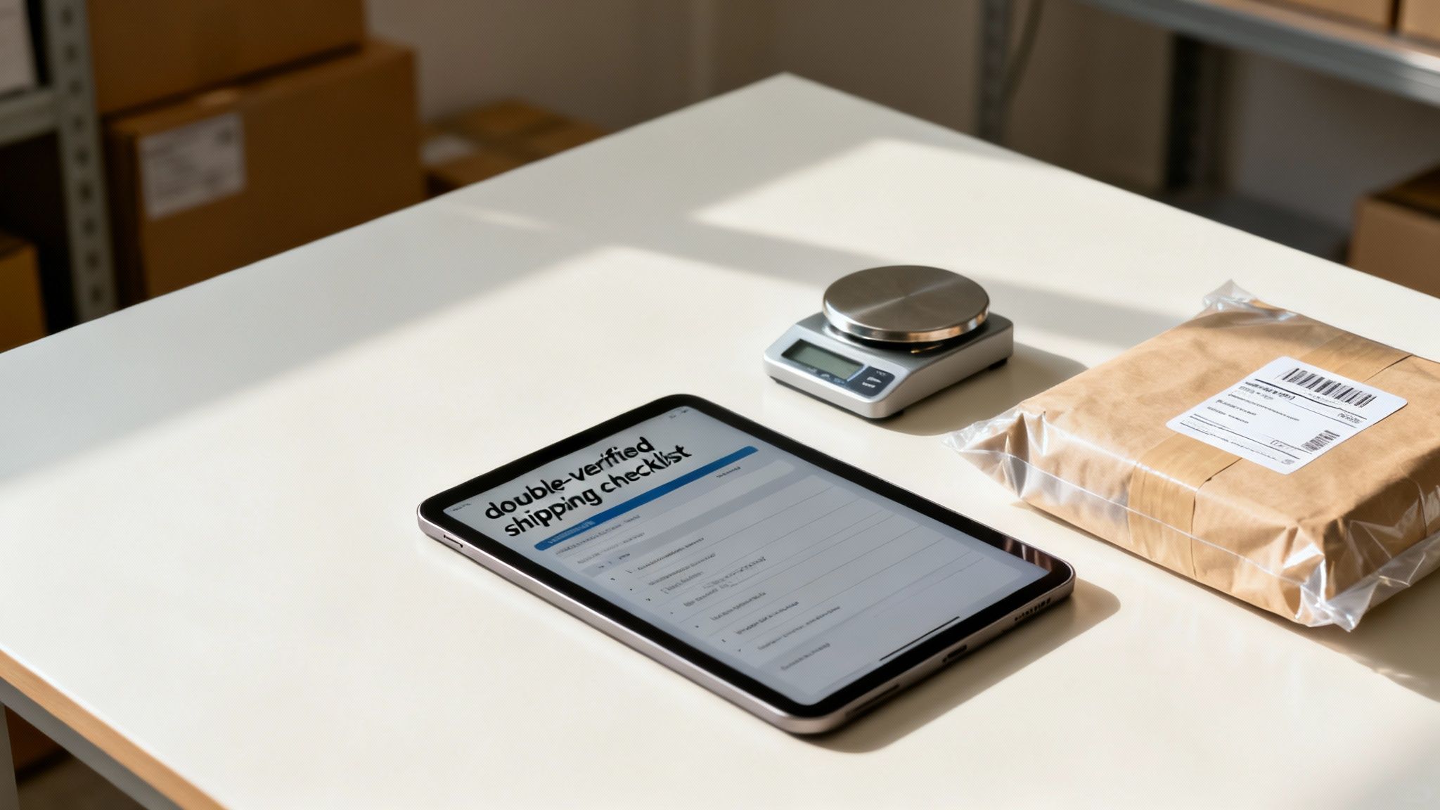 Mesa con tablet mostrando lista de verificación de envíos, báscula digital y paquete envuelto listo para despacho