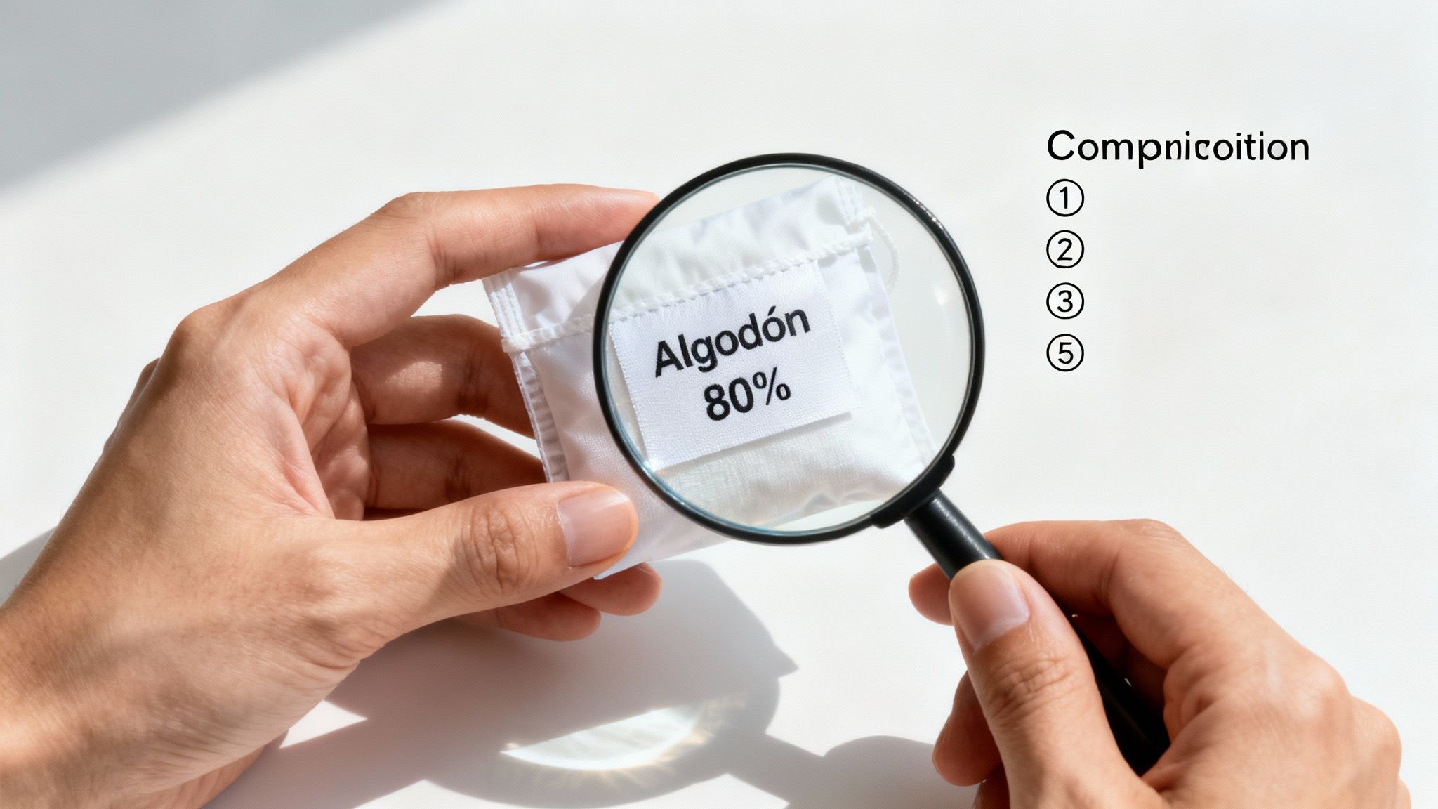 Persona examinando con una lupa una etiqueta de tela blanca que dice 'Algodón 80%', verificando la composición.