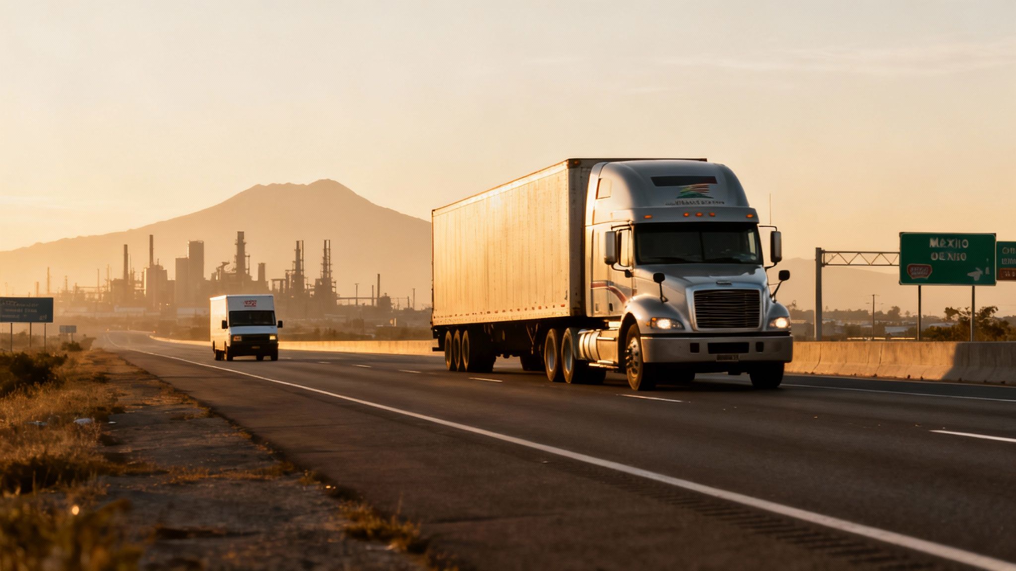 Dos camiones circulan por una autopista al atardarcer, con una montaña y una refinería al fondo.