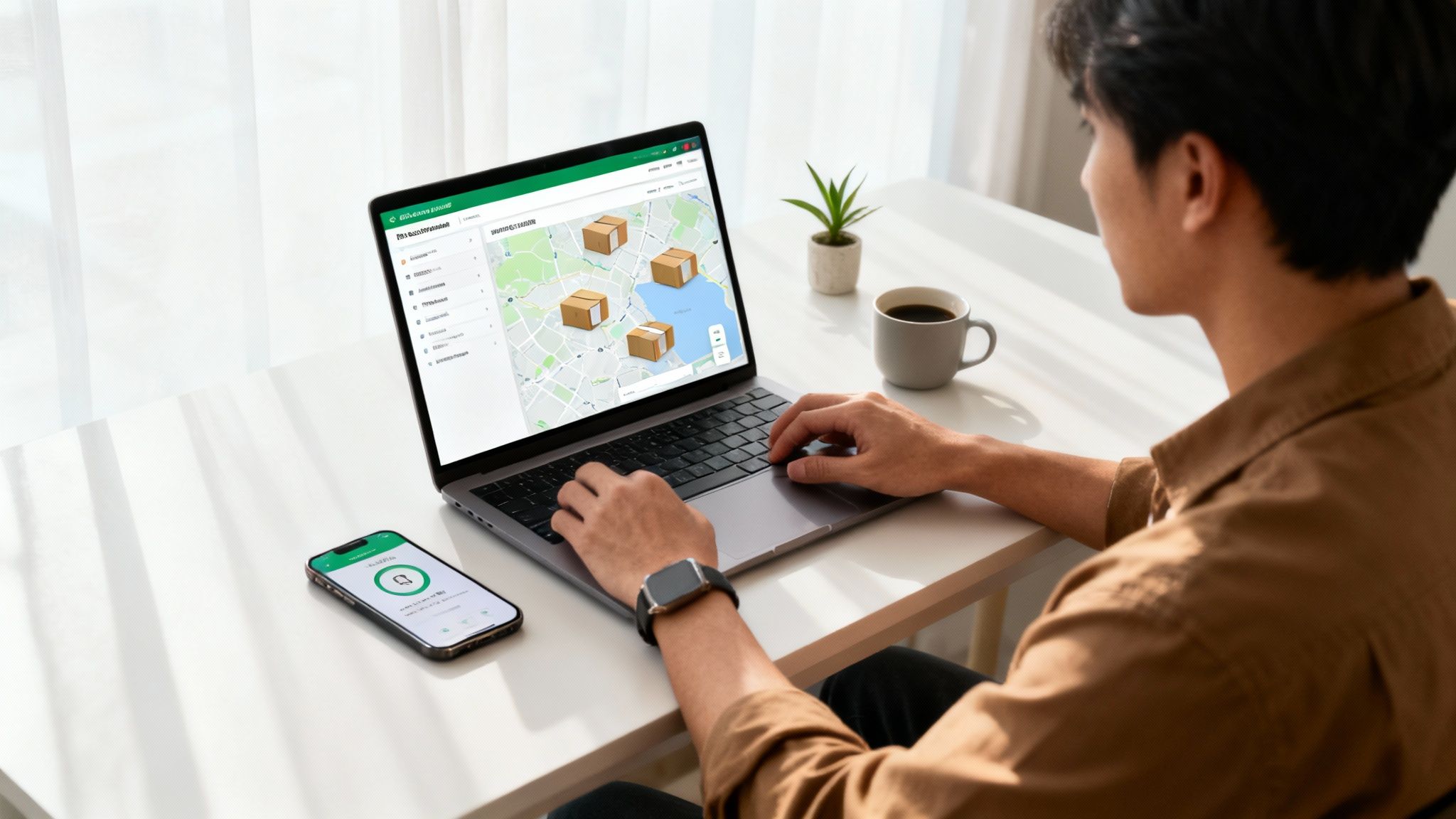 Persona viendo un mapa de seguimiento de paquetes en una laptop, con un teléfono celular al lado.