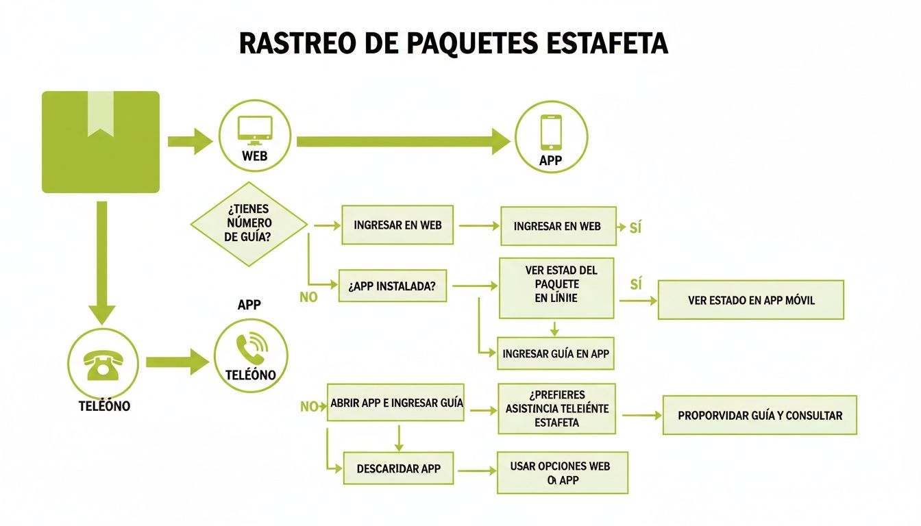 Diagrama de flujo detallado para rastrear paquetes de Estafeta, utilizando opciones web, app o teléfono.