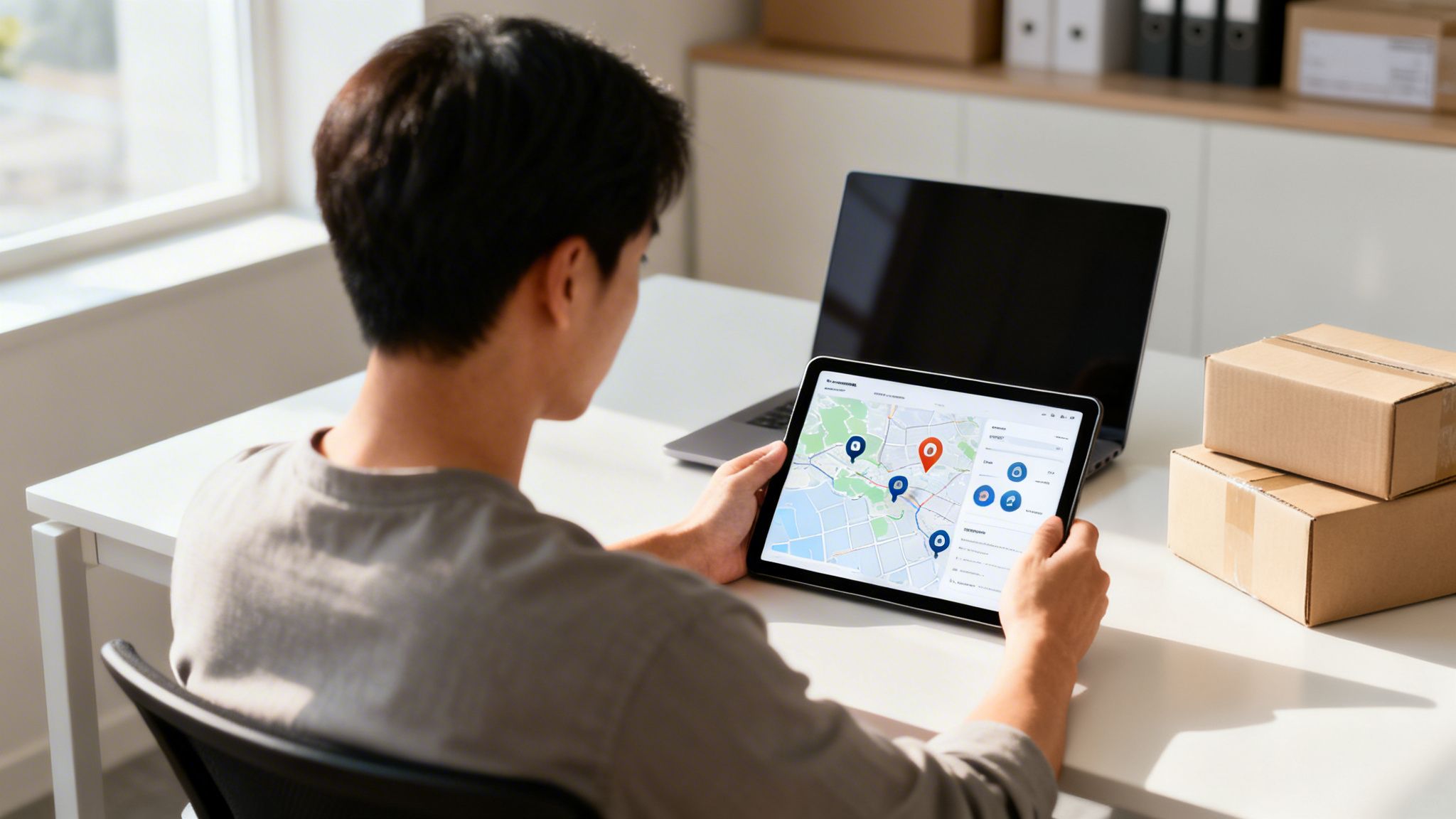Persona asiática usando una tablet para rastrear envíos de paquetes en un escritorio con un portátil y cajas.
