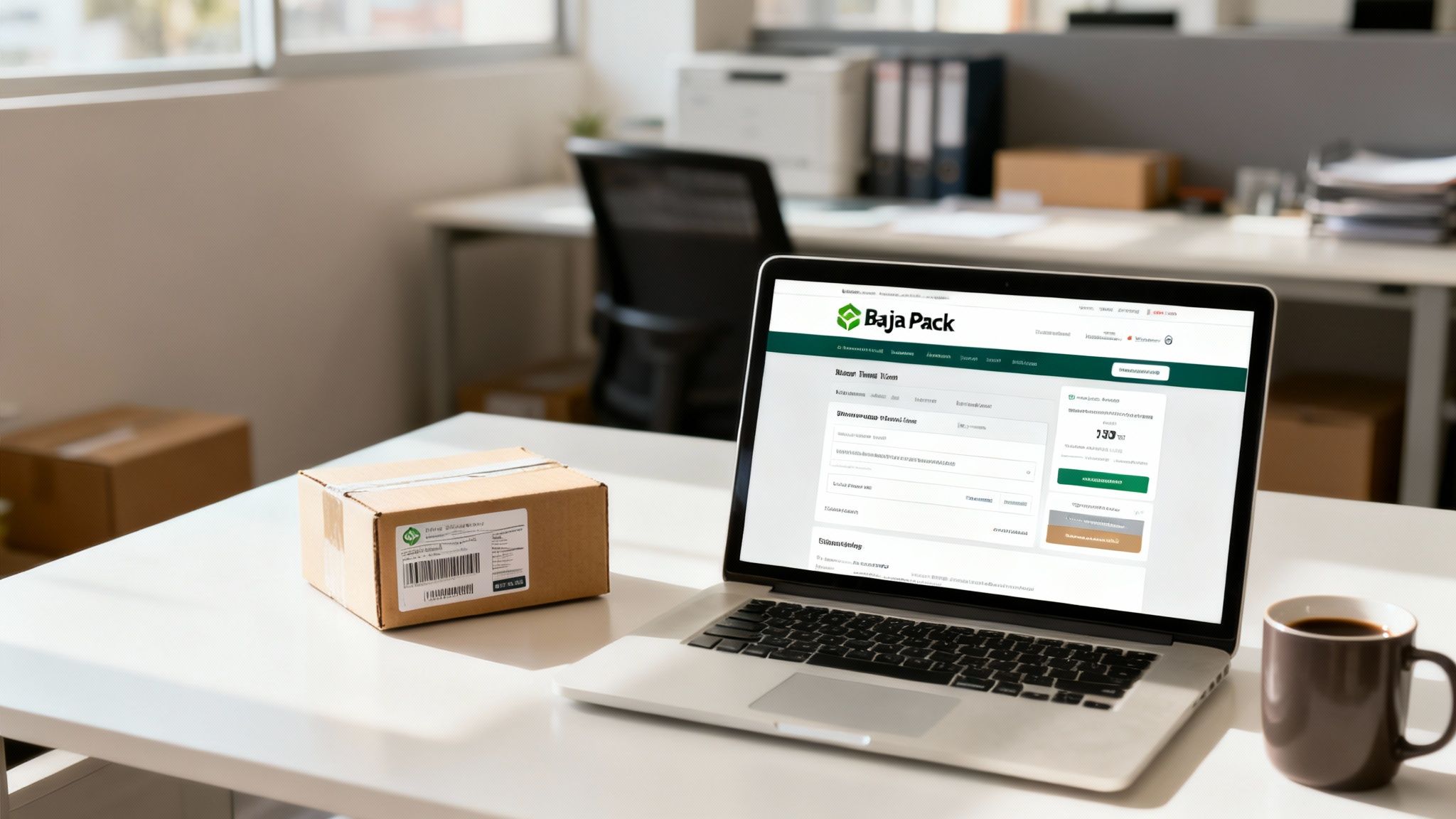 Laptop mostrando el sitio web de Baja Pack en un escritorio de oficina con un paquete y café.