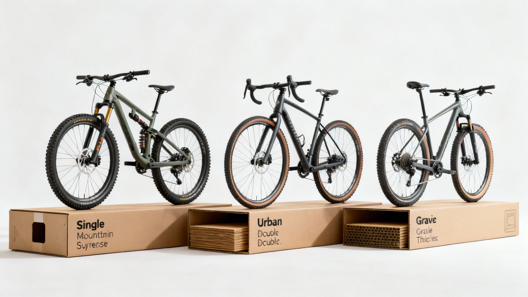 Tres bicicletas de montaña, urbana y gravel exhibidas sobre sus cajas de cartón con etiquetas.