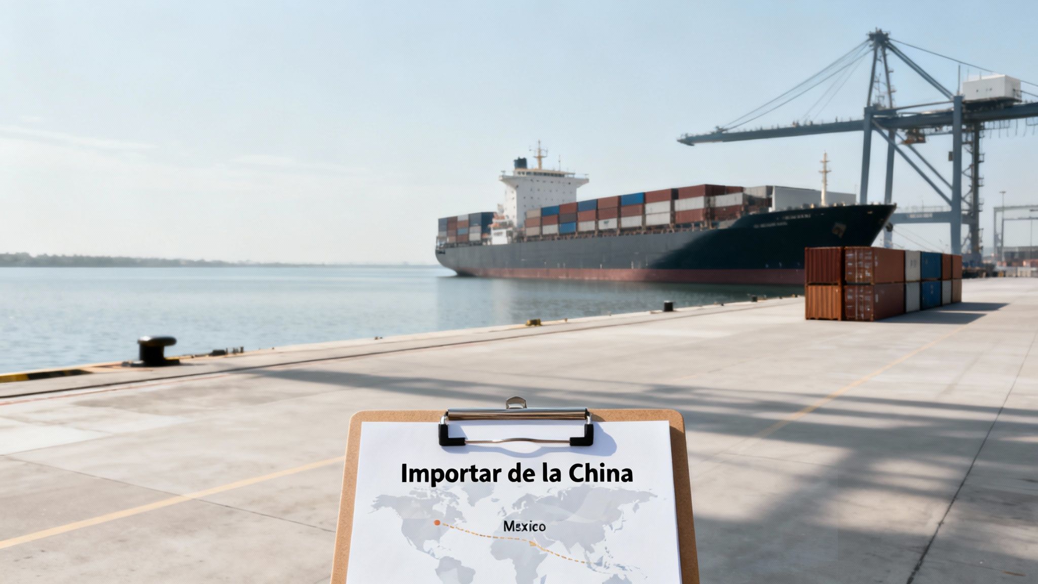 Gran buque portacontenedores en un puerto marítimo con grúas y contenedores. Un portapapeles en primer plano muestra 'Importar de la China' a México.