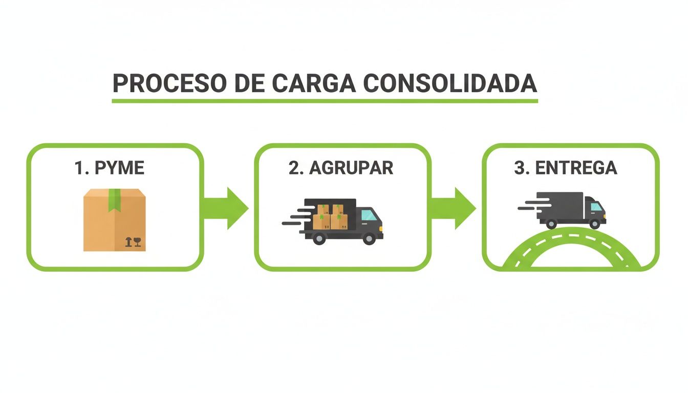 Diagrama del proceso de carga consolidada mostrando Pyme, agrupamiento de paquetes en camión y entrega final.