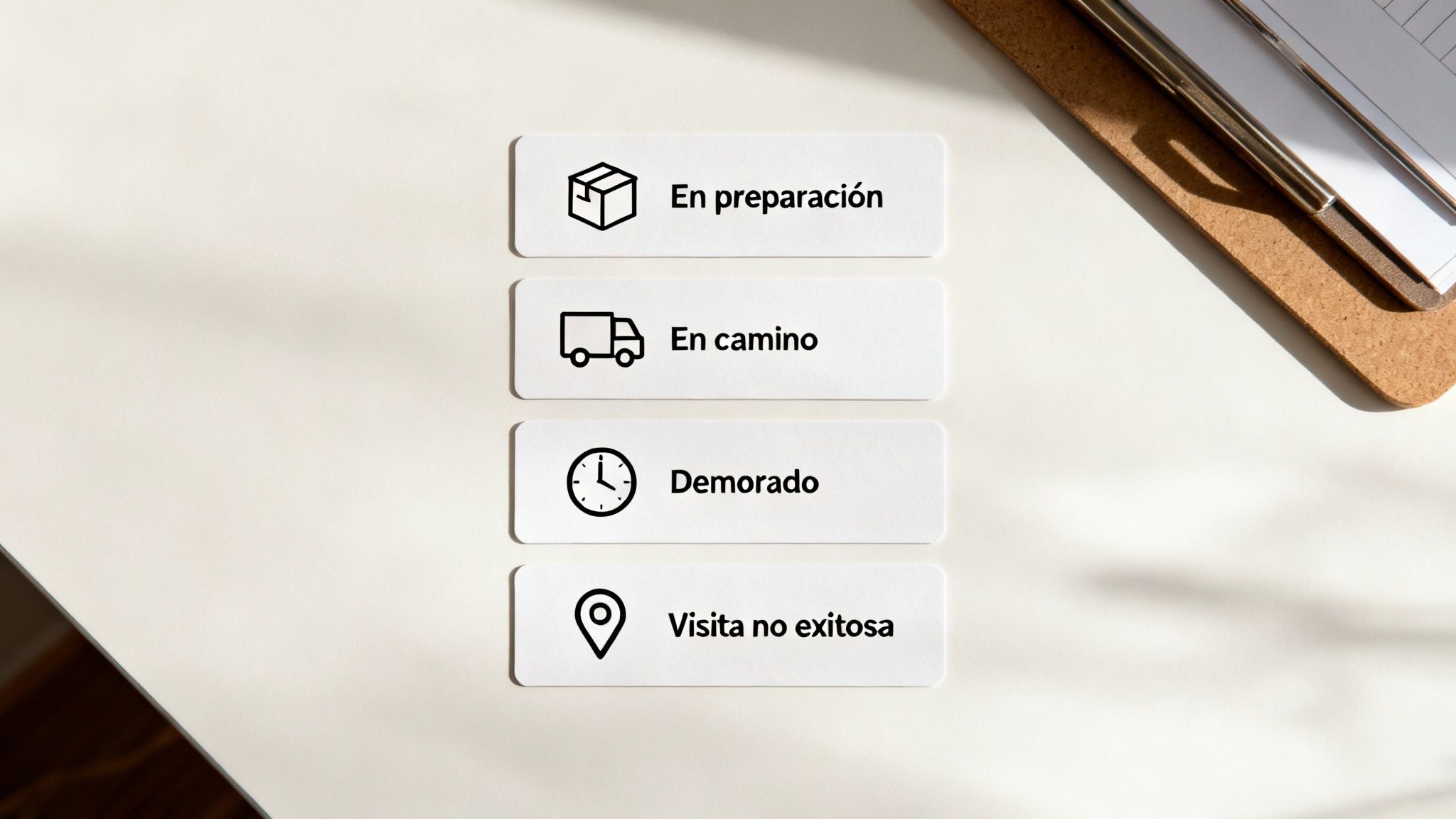 Cuatro tarjetas muestran el estado de seguimiento de un paquete: en preparación, en camino, demorado y visita no exitosa.