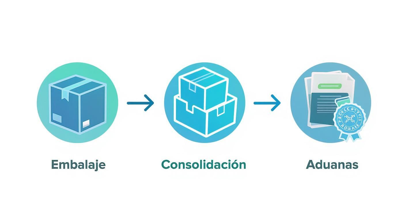 Proceso logístico de envíos internacionales ilustrado con íconos de embalaje, consolidación y aduanas.