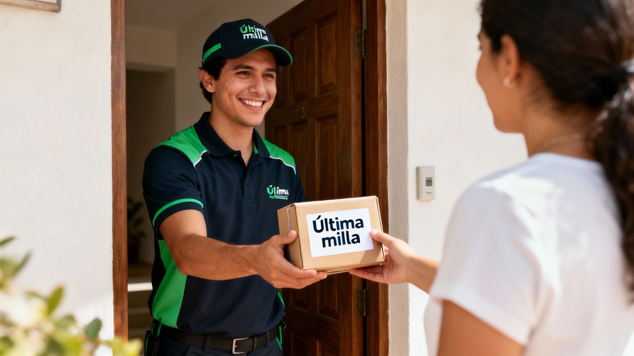 Repartidor de Última Milla entrega un paquete a una mujer sonriente en la puerta de su casa.