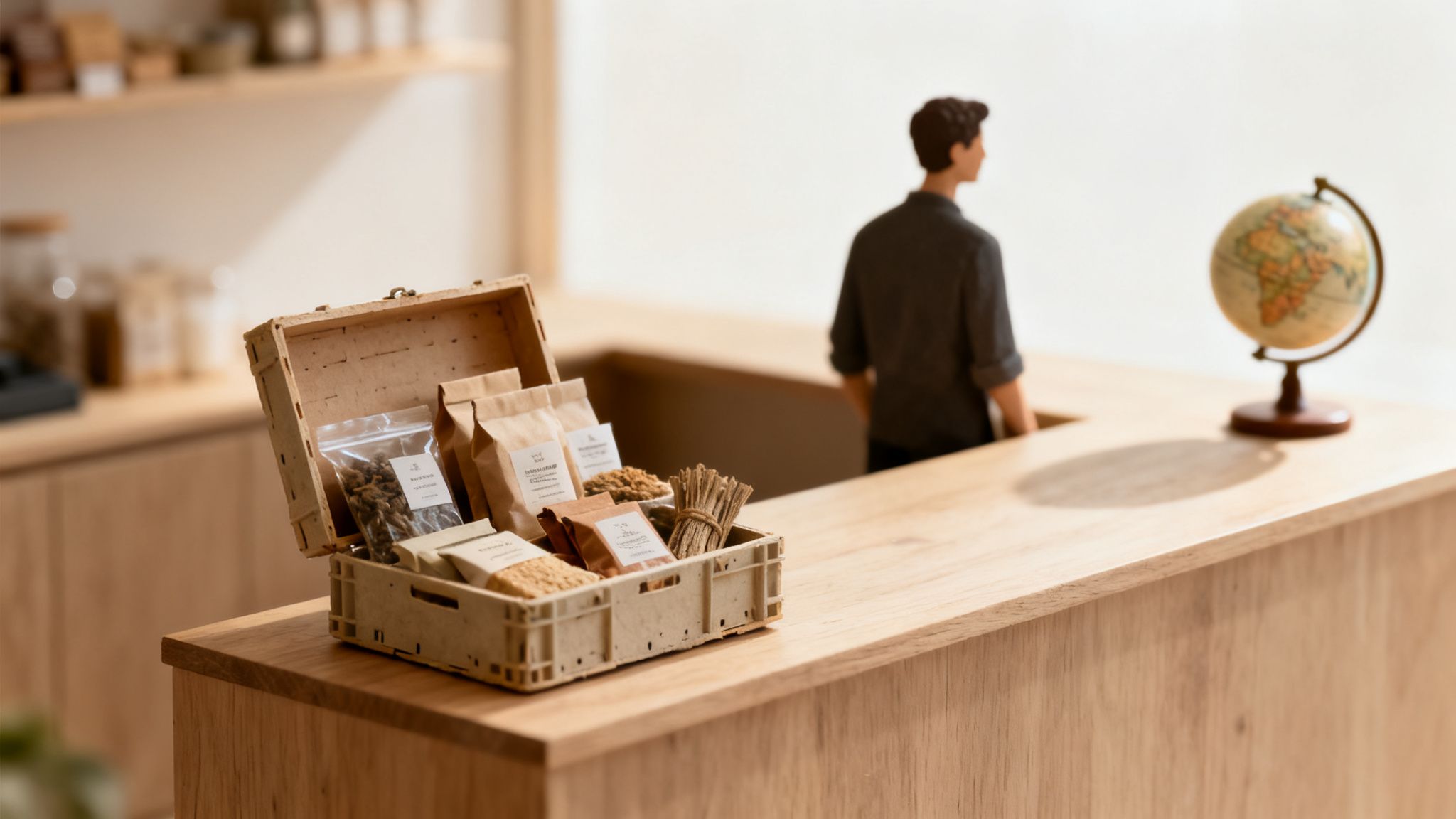 Miniatura de tienda con mostrador de madera, caja con productos a granel, figura y globo terráqueo.