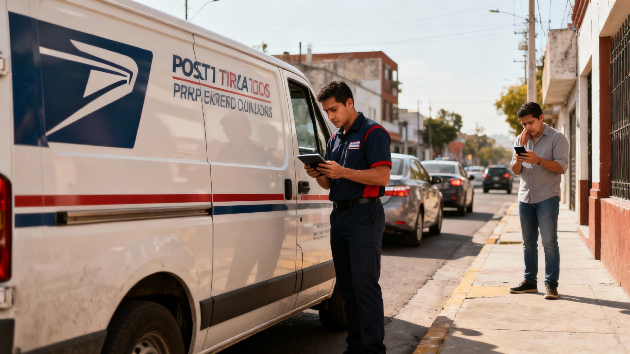 Un repartidor revisa una tableta junto a una furgoneta de entrega blanca, mientras otro hombre usa su teléfono en la acera.