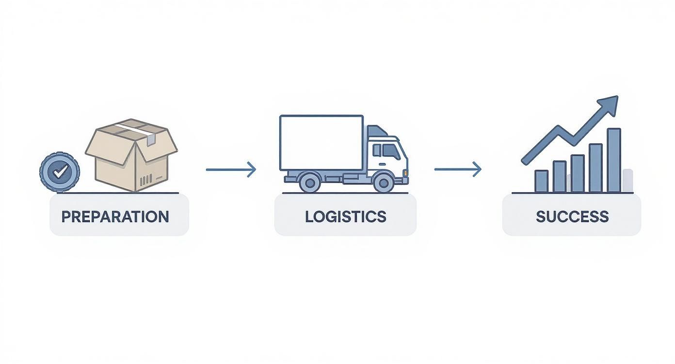 Representación de los procesos de exportación: preparación de mercancías, logística de envío y éxito comercial.