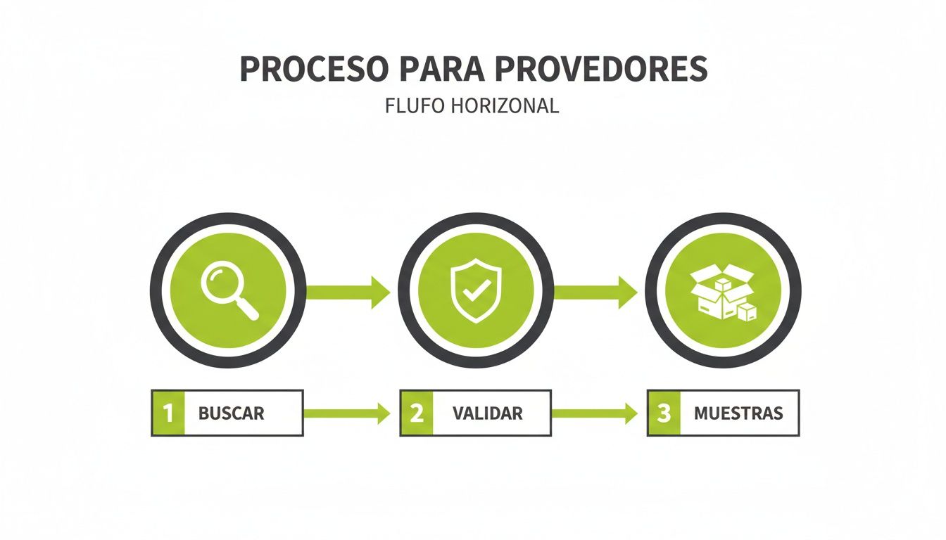 Diagrama de flujo horizontal que muestra el proceso para proveedores: buscar, validar y muestras.