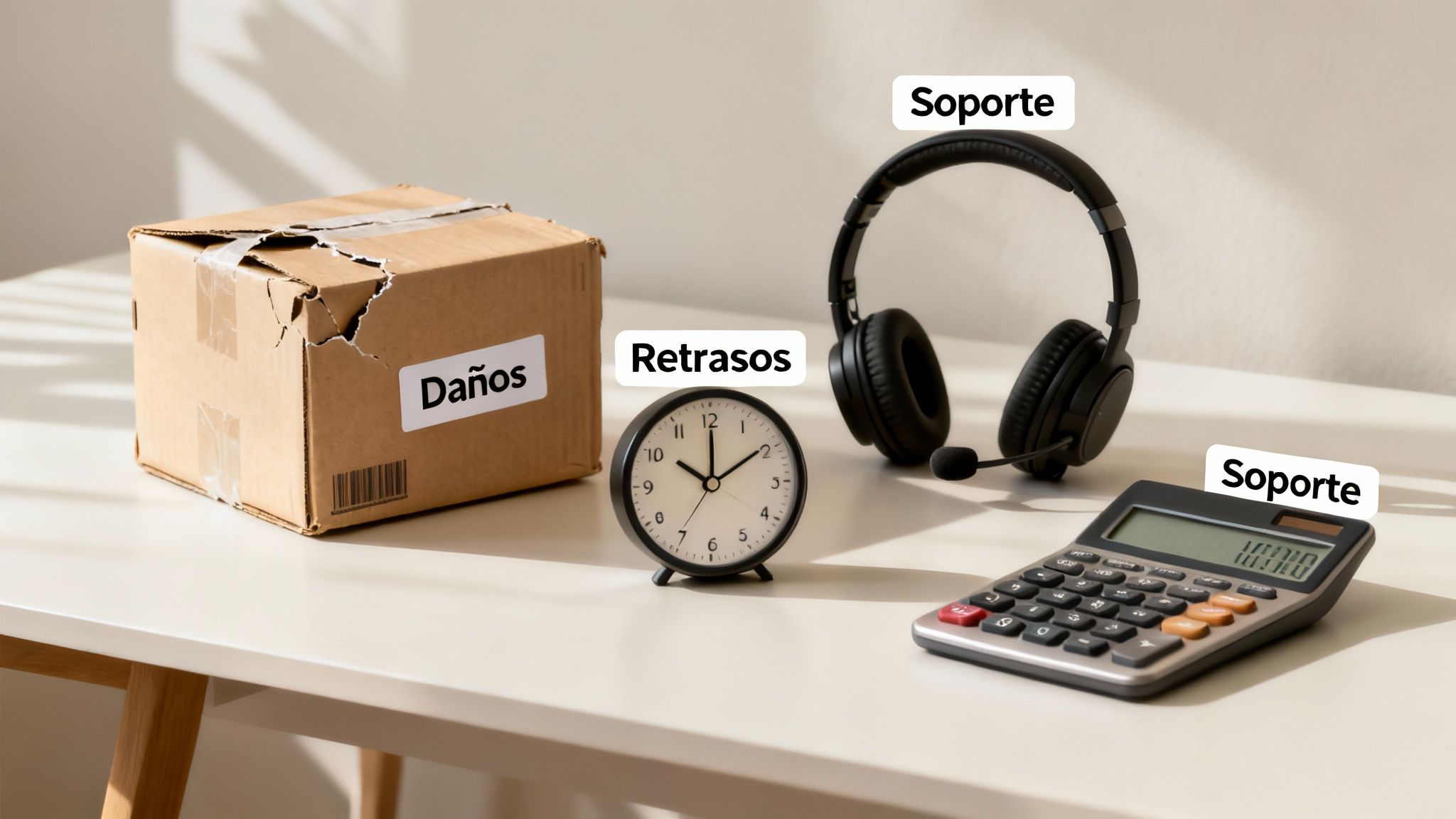 Mesa con caja dañada, reloj, auriculares y calculadora, representando problemas de paquetería y soporte.