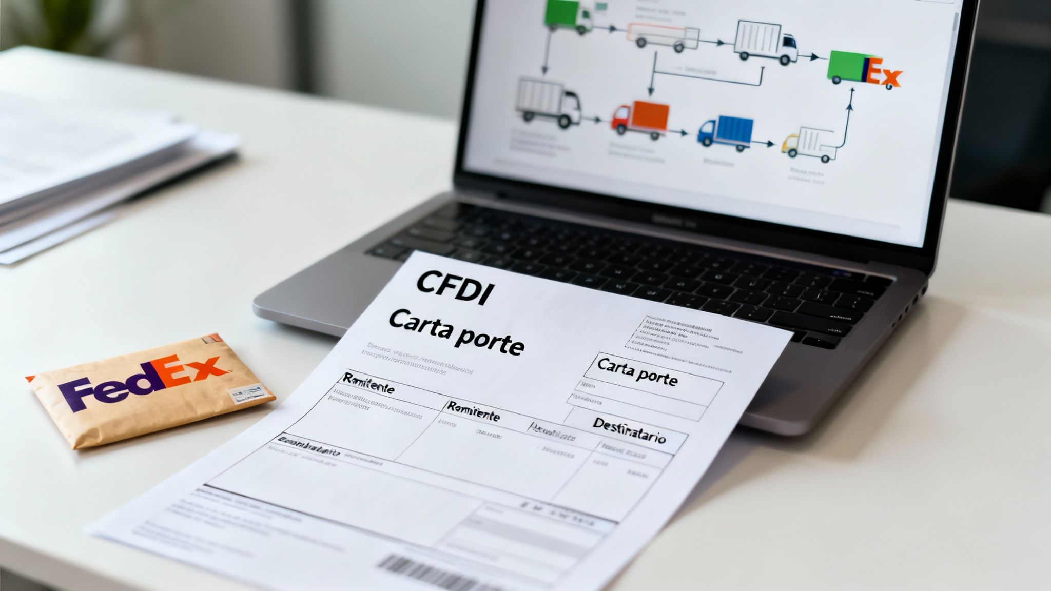 Una computadora portátil muestra un diagrama logístico junto a un documento CFDI Carta porte y un paquete FedEx.