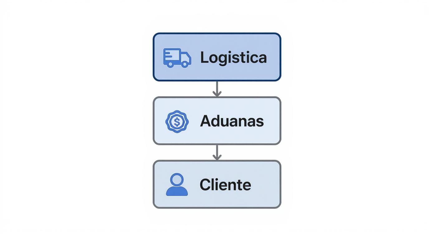 Diagrama de flujo mostrando la cadena de proceso de logística, aduanas y cliente con iconos.