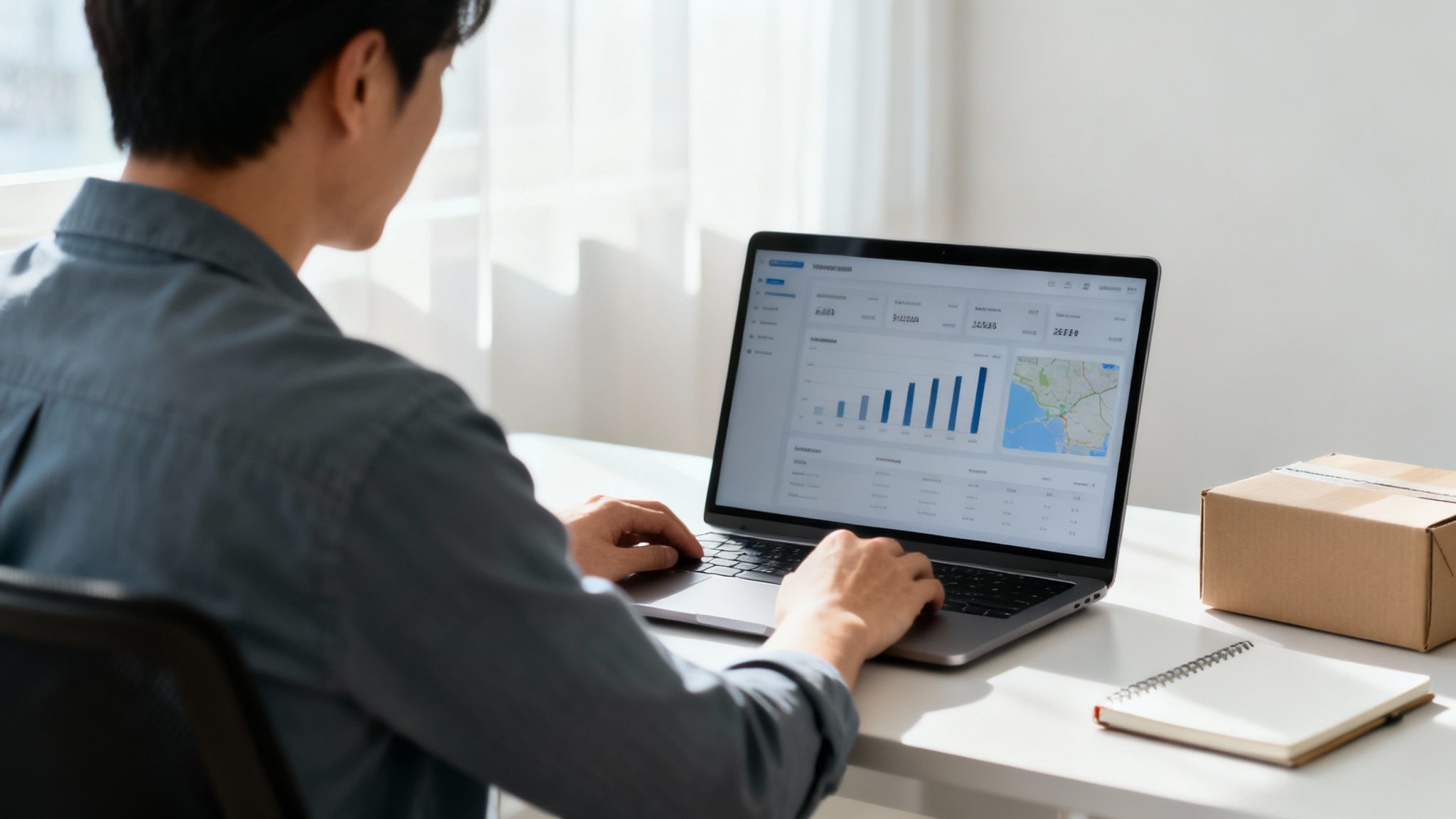 Hombre revisa datos de envíos y logística en una laptop, con un paquete de cartón al lado.