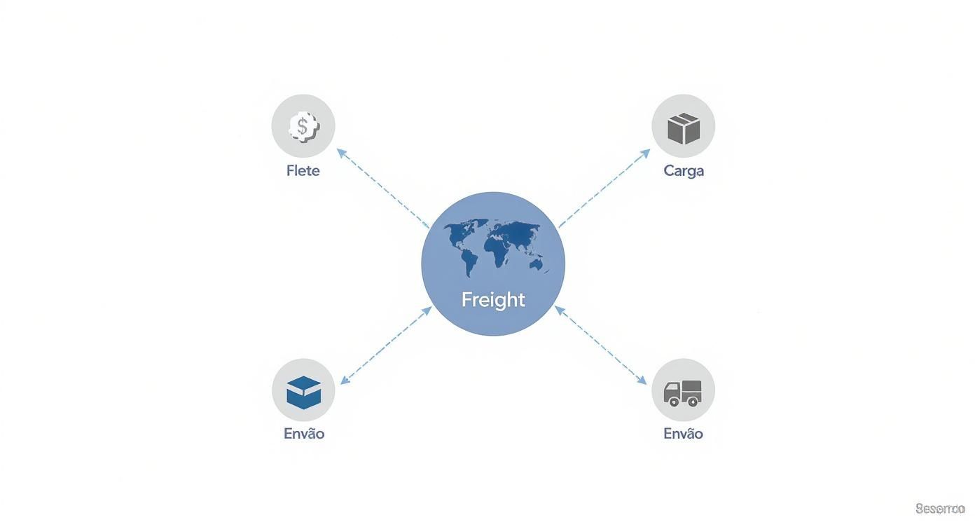 Diagrama que ilustra el concepto de flete global, conectando el costo, la carga y los métodos de envío.