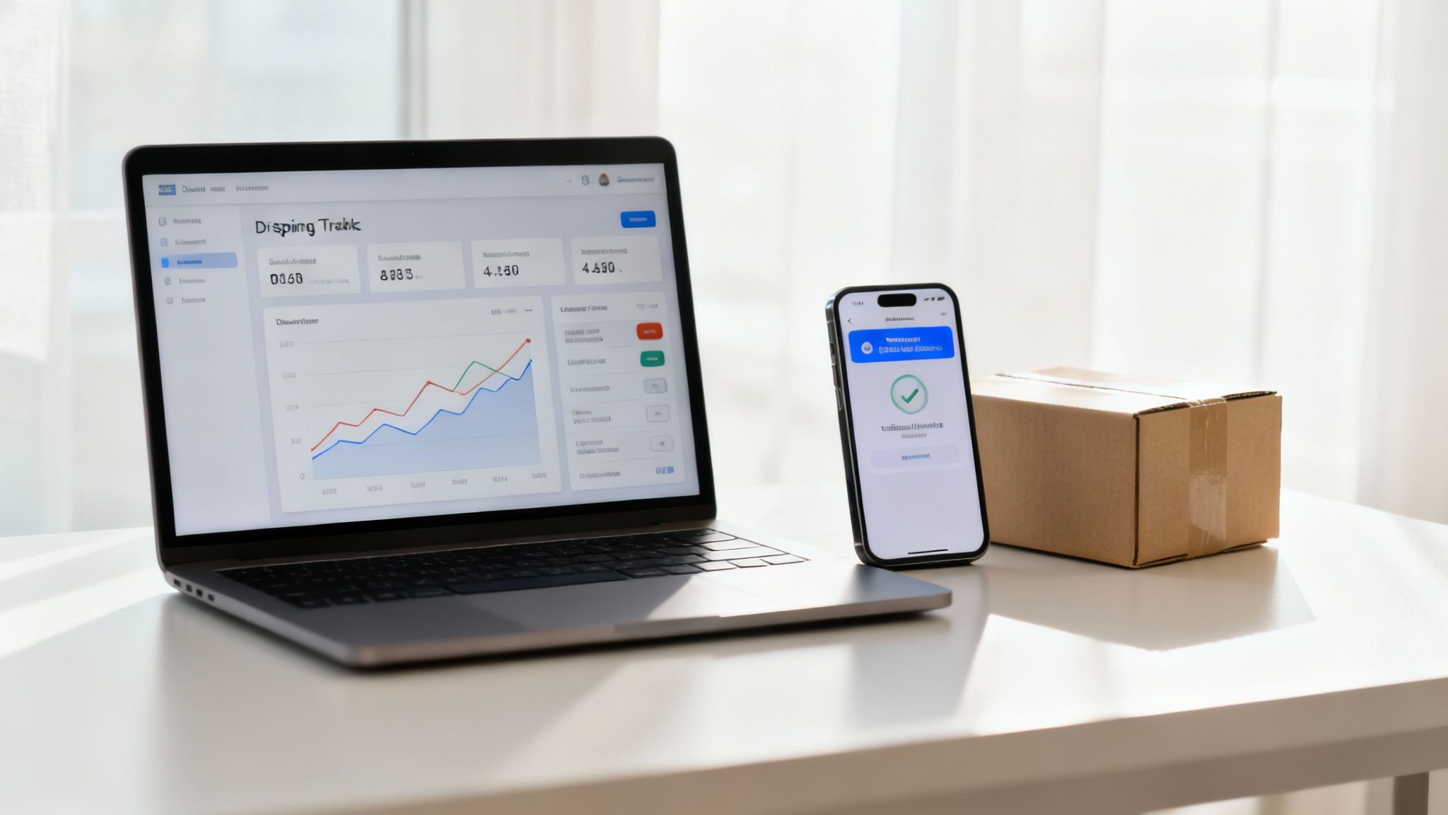 Laptop mostrando un panel de control de logística y exportación con gráficos, junto a un smartphone y una caja de paquete.