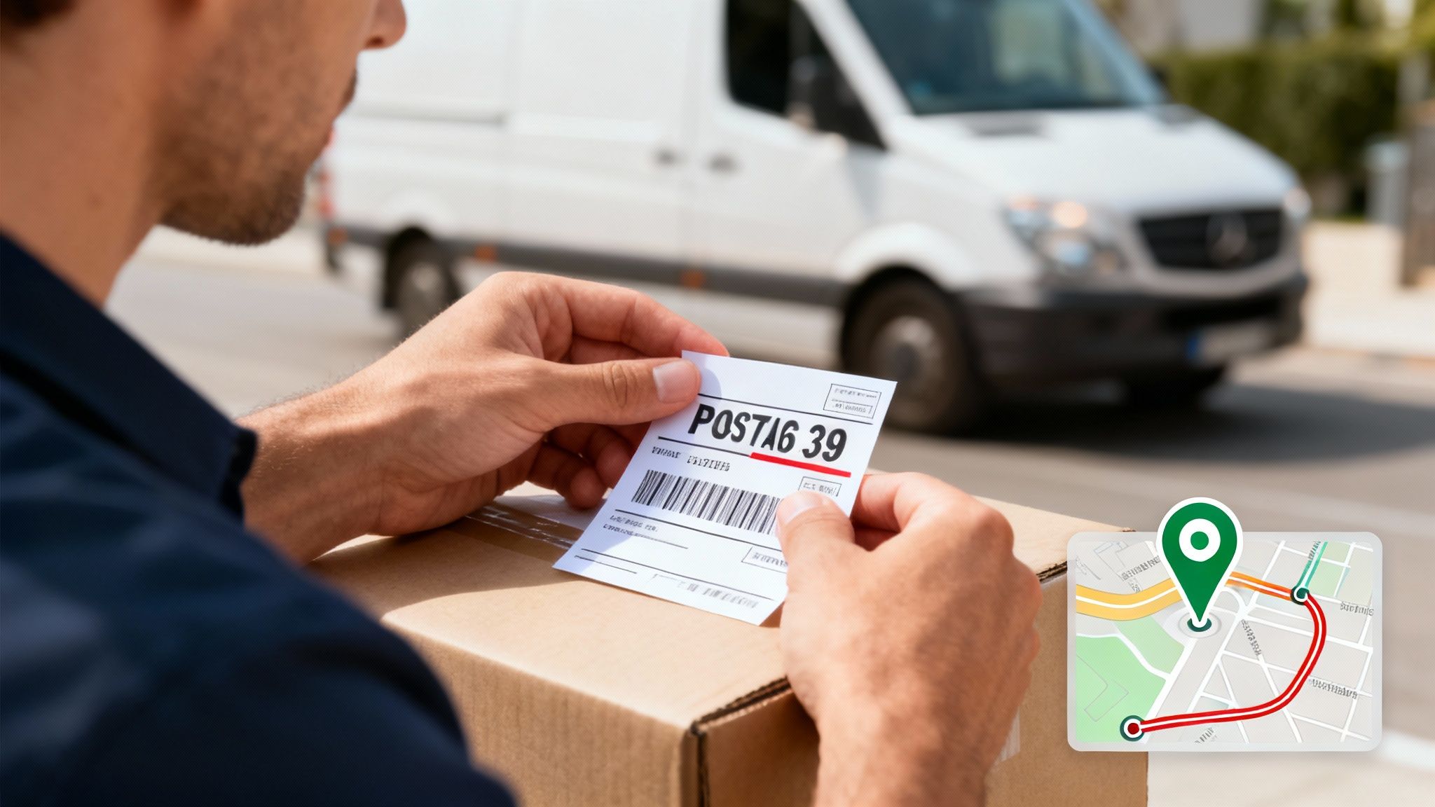 Repartidor sosteniendo etiqueta de envío con código postal sobre paquete con ruta de entrega