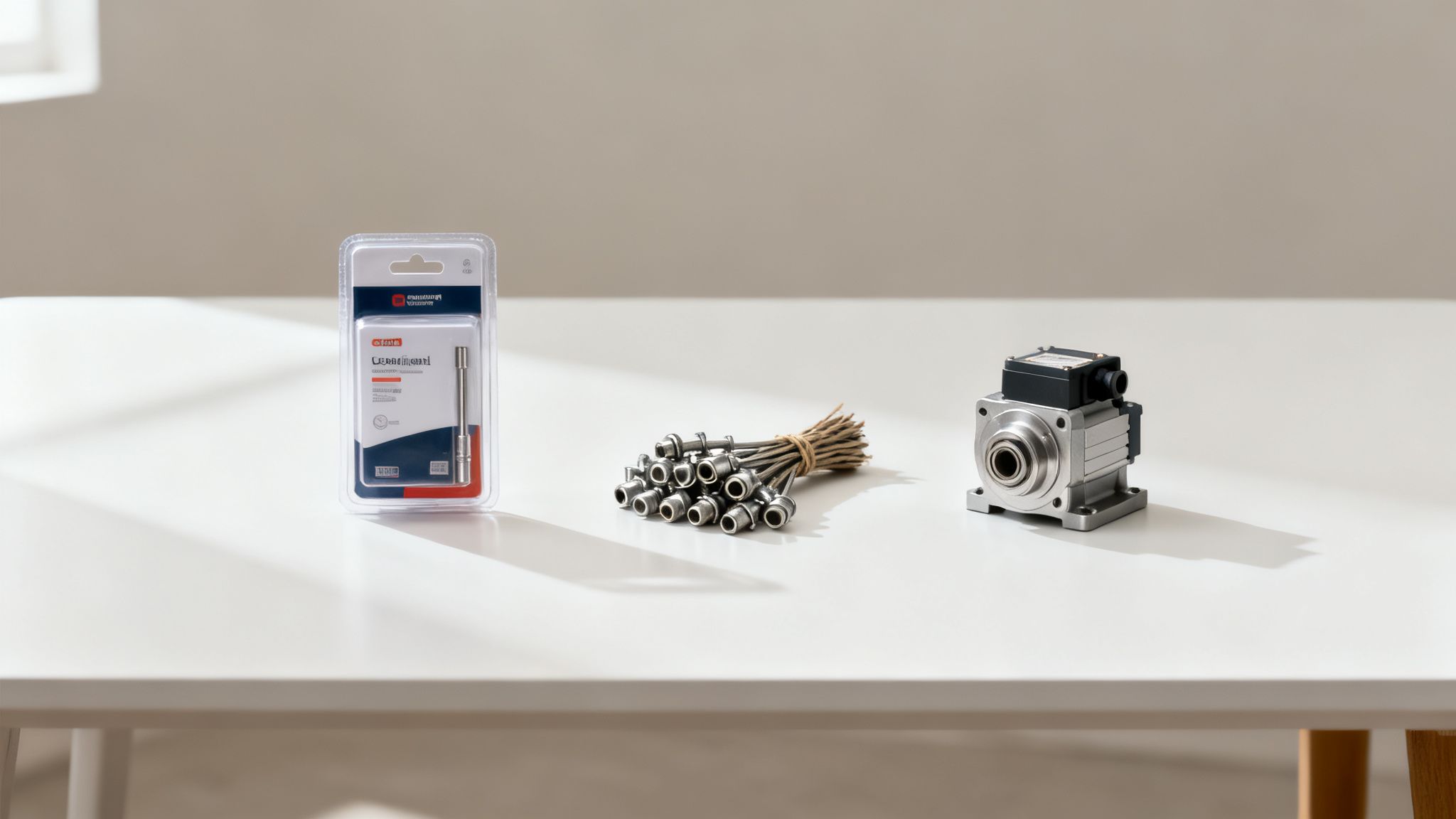 Productos industriales diversos sobre una mesa blanca, incluyendo un taladro empaquetado, conectores y un motor.