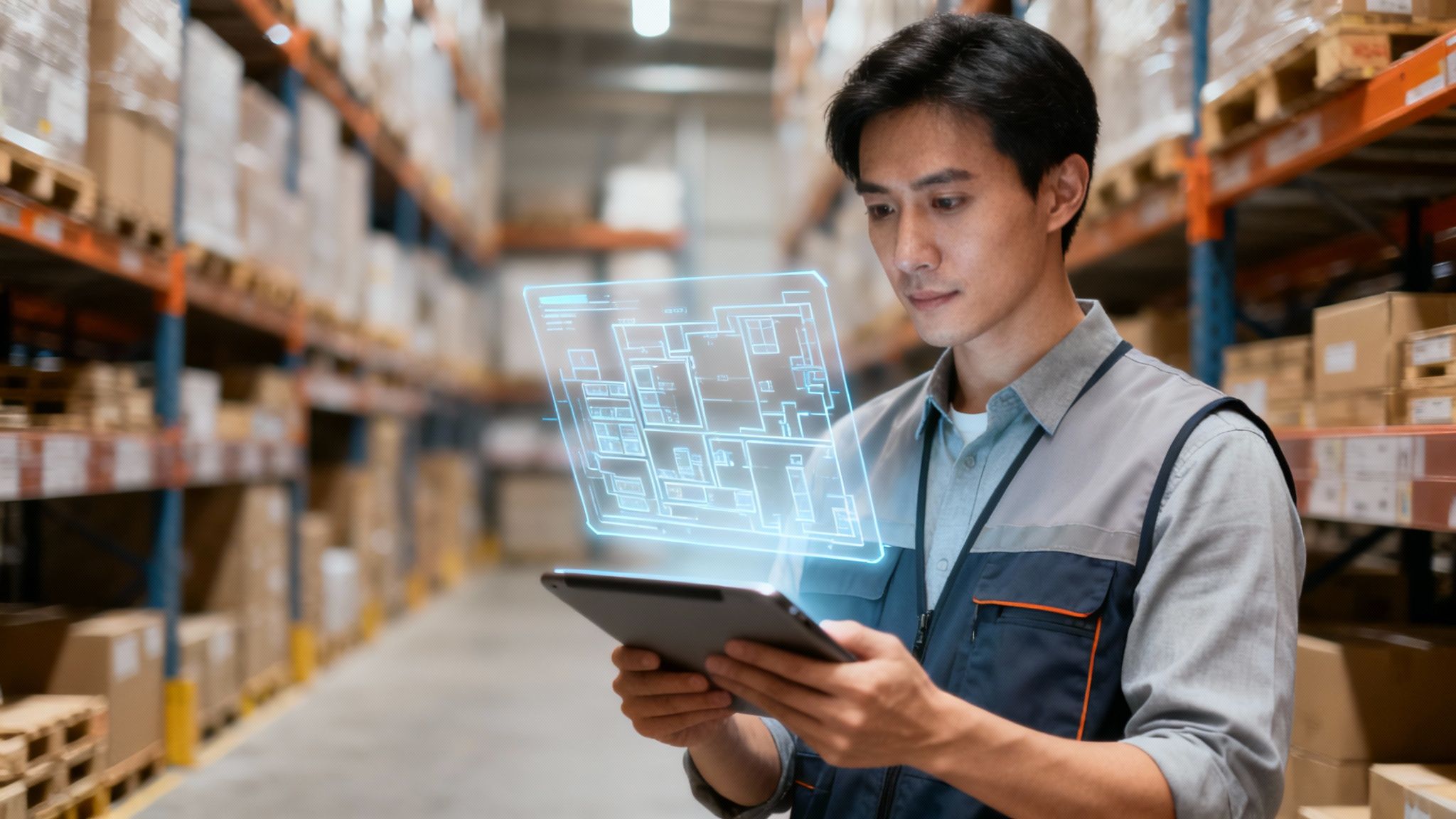Hombre asiático en un almacén revisa un plano holográfico de gestión en una tableta.