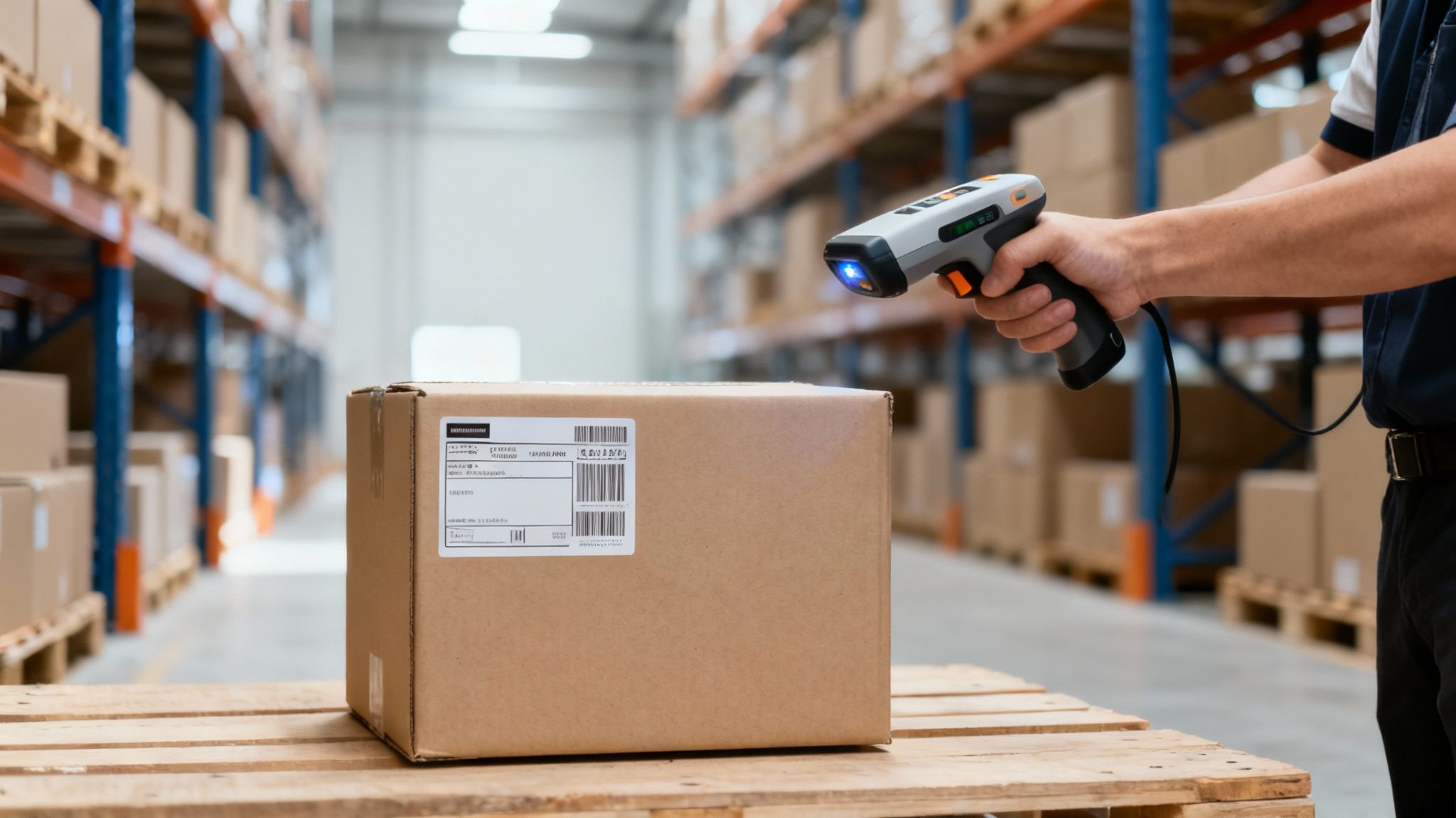 Persona escaneando un paquete con un lector de códigos de barras en un almacén. Gestión de inventario eficiente.