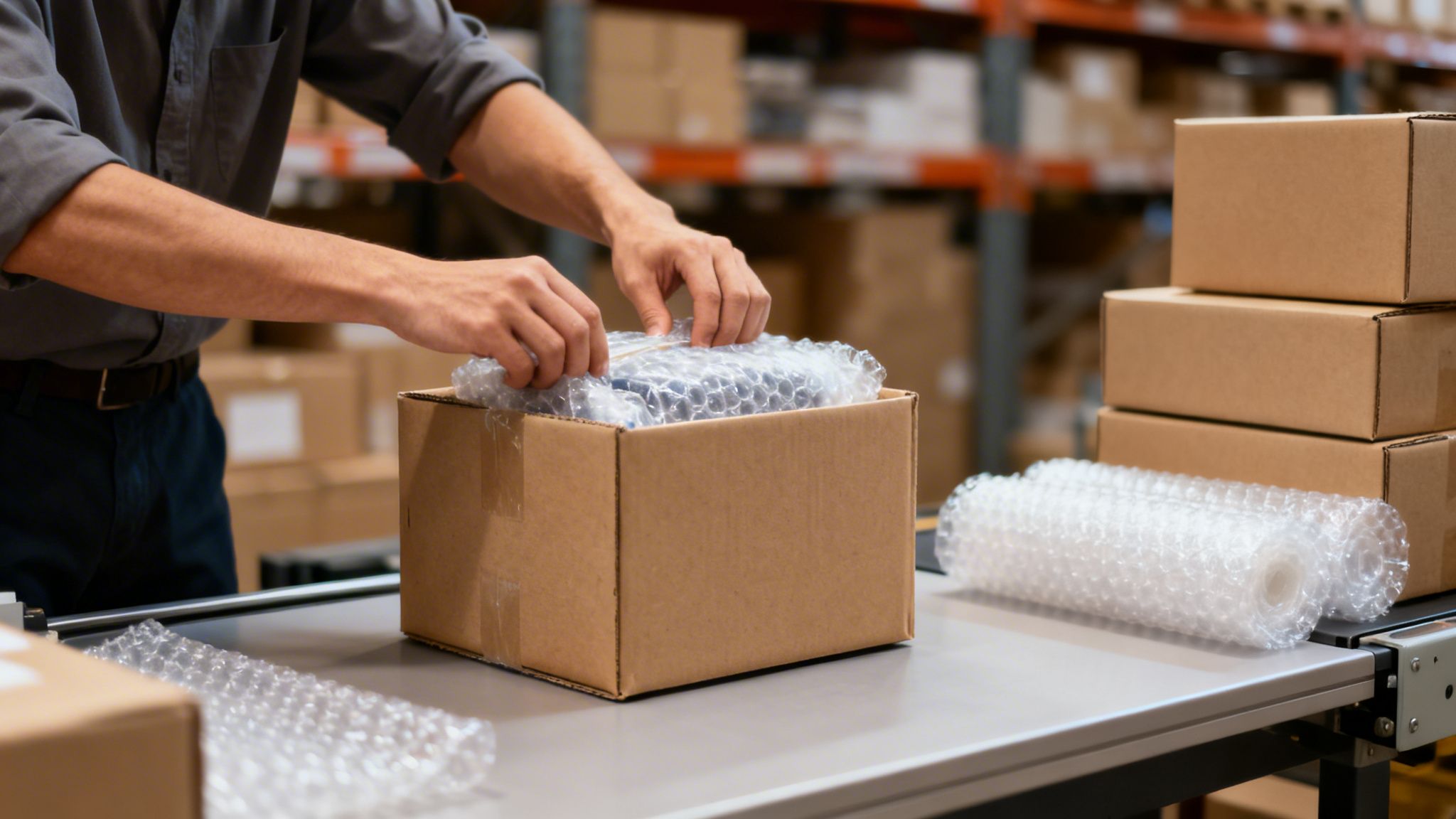 Un empleado en un almacén empaqueta cuidadosamente un producto con plástico de burbujas en una caja de cartón.
