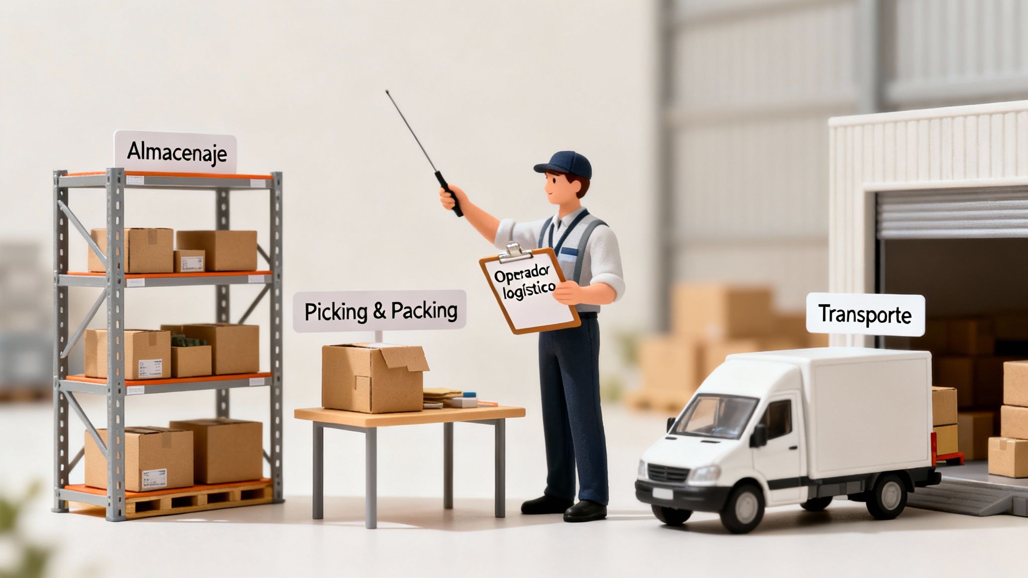 Un operador logístico explica los pasos de la cadena logística: almacenaje, picking, packing y transporte.