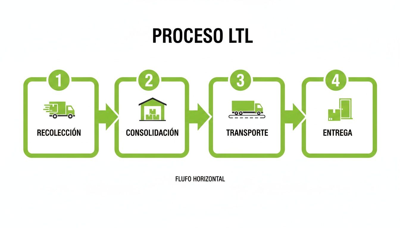 Diagrama que ilustra el proceso LTL de carga, detallando las etapas de recolección, consolidación, transporte y entrega.