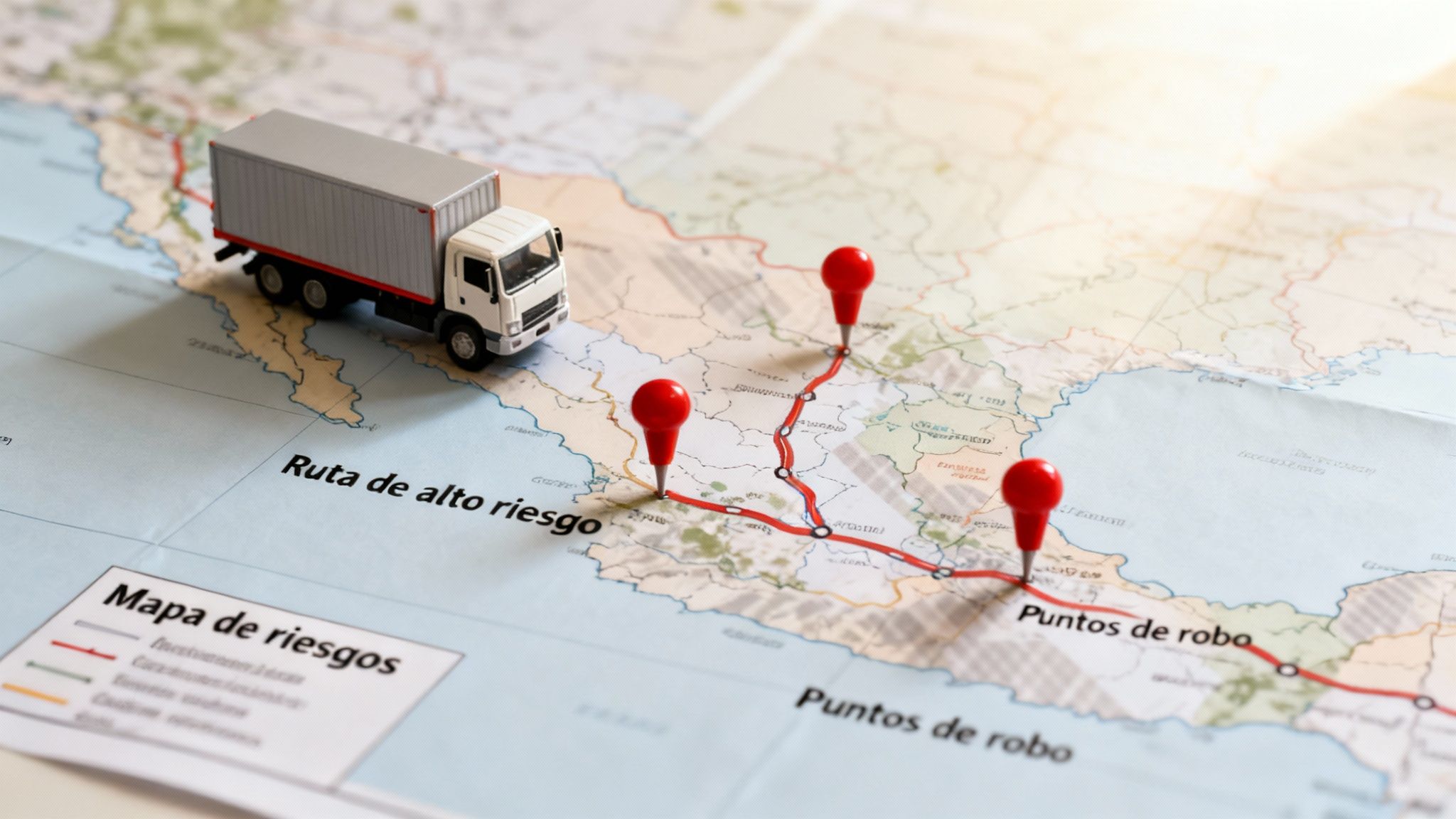 Camión de juguete en un mapa que muestra una ruta de alto riesgo con puntos de robo, ilustrando seguridad en el transporte.