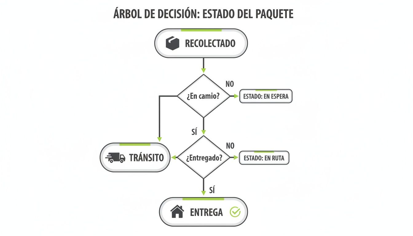 Árbol de decisión que ilustra el proceso y los diferentes estados de un paquete: recolectado, en tránsito, en espera o entregado.