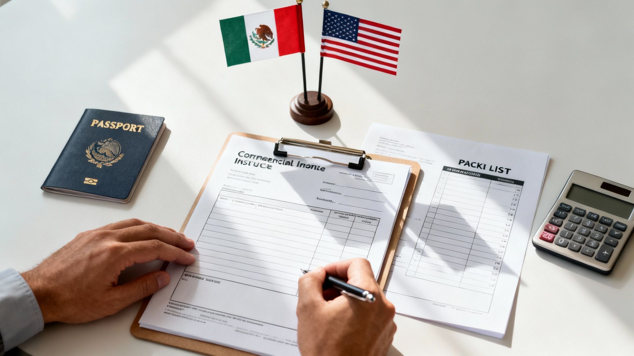 Persona llenando documentos de envío con pasaporte mexicano, banderas de México y EE. UU. y calculadora.
