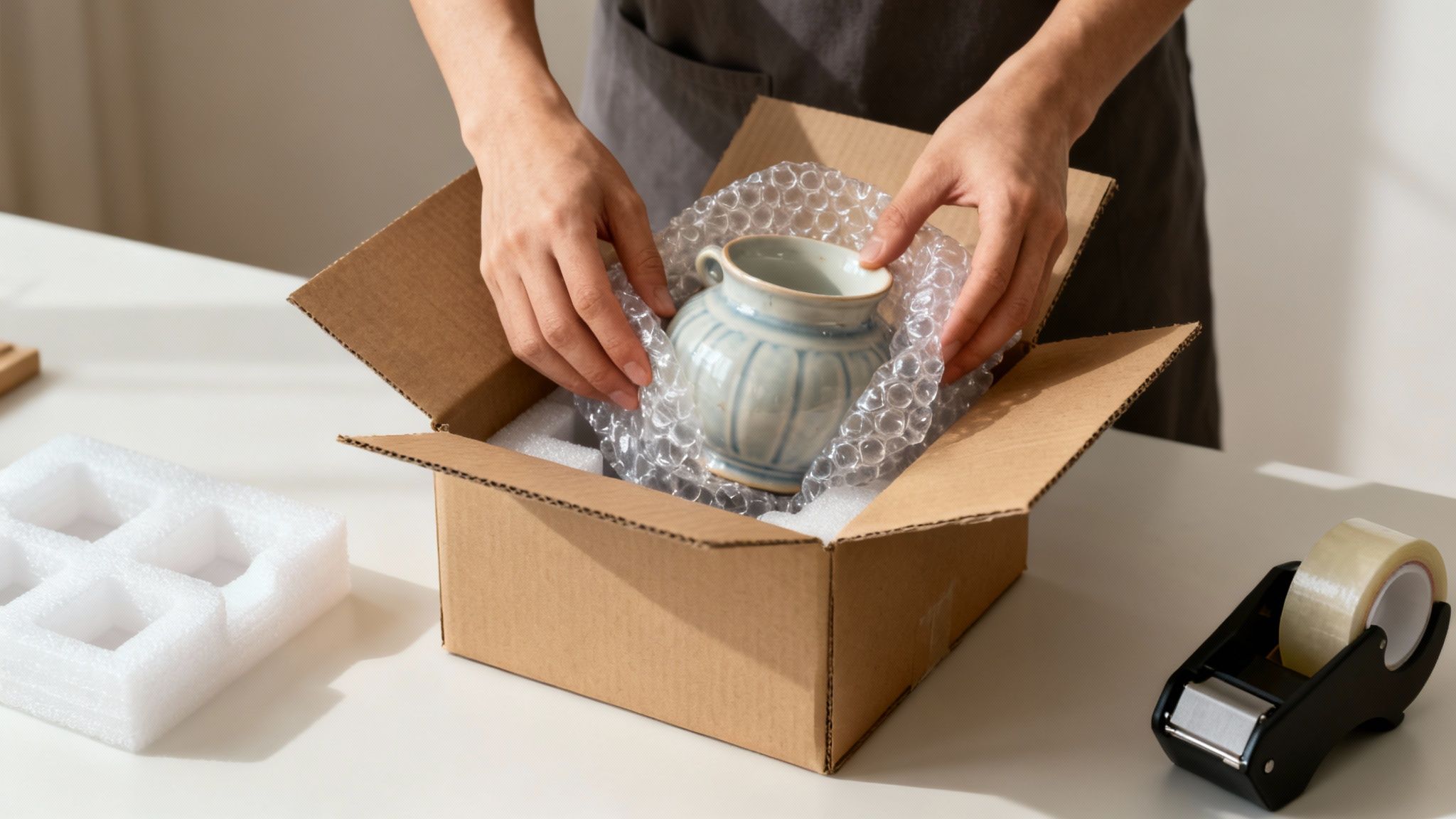 Manos colocando cuidadosamente un jarrón de cerámica envuelto en plástico de burbujas dentro de una caja de envío.